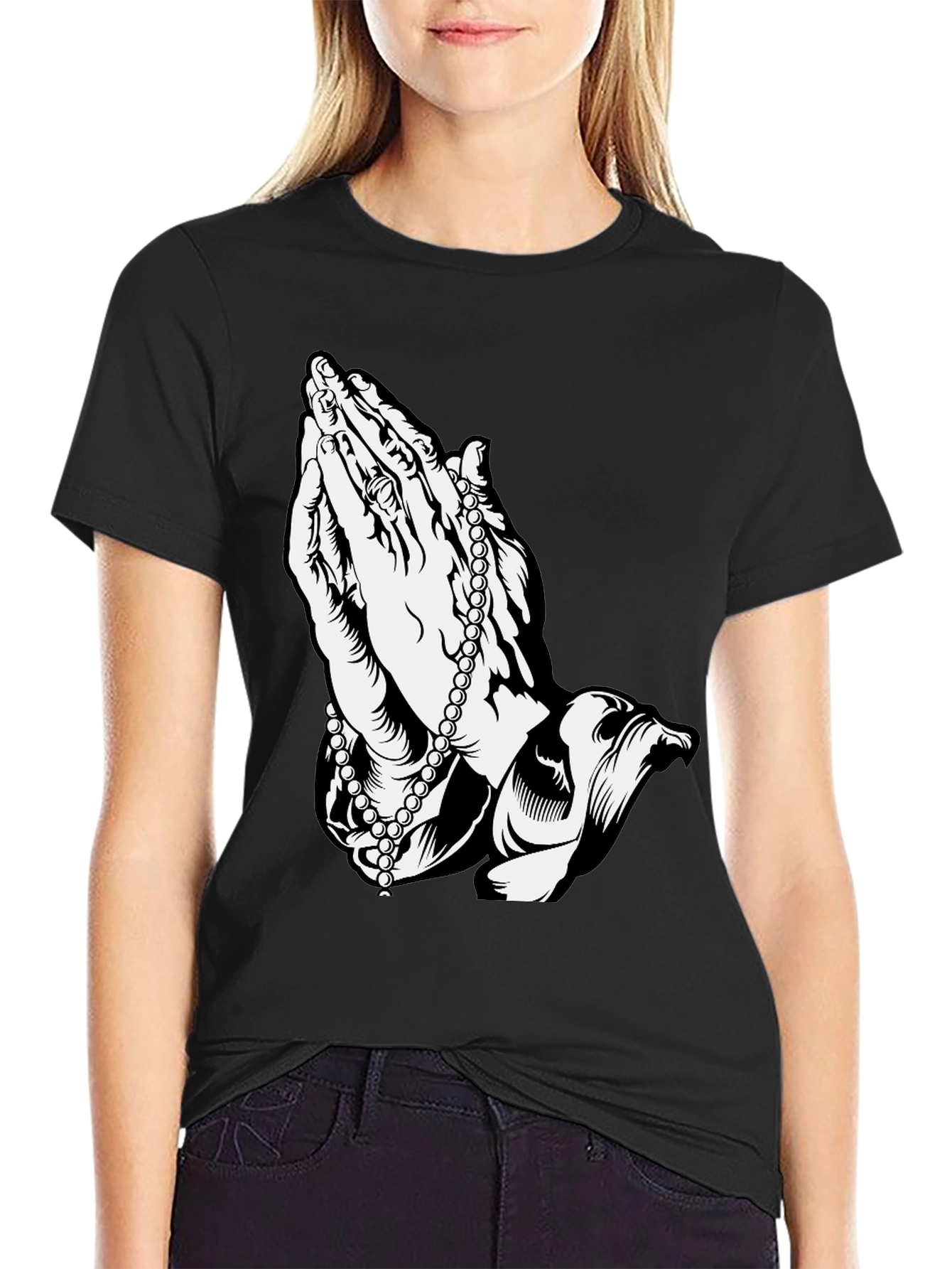Praying Hands Rosary Black T-Shirt