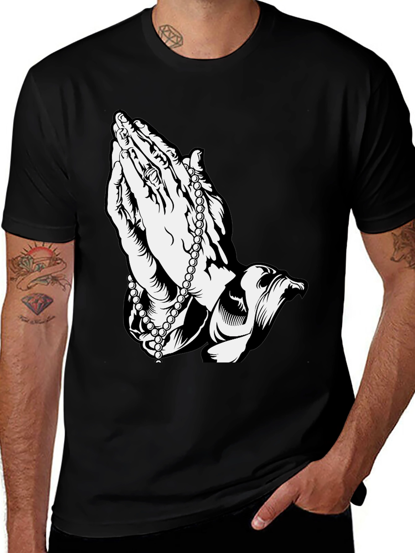 Praying Hands Rosary Black T-Shirt