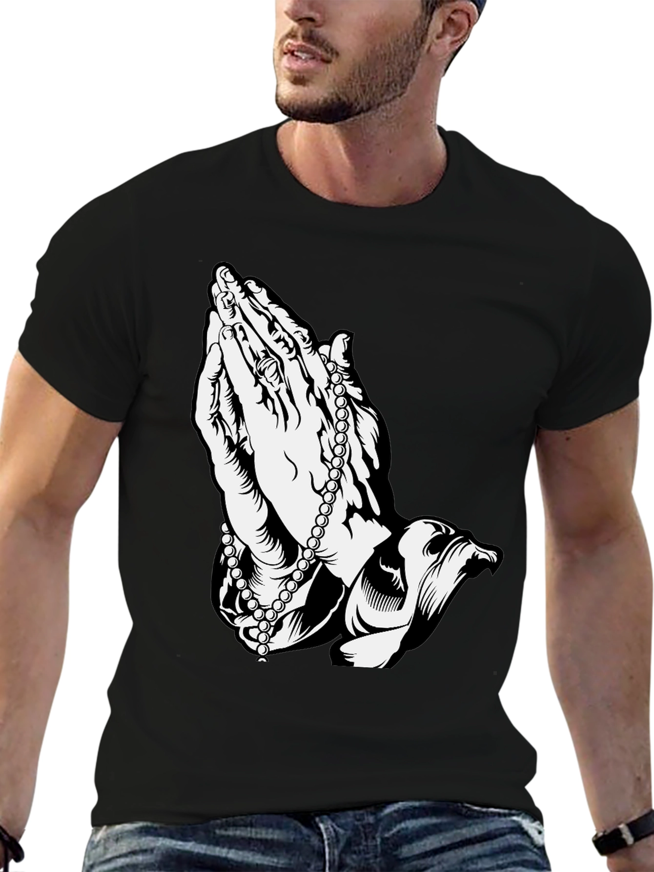 Praying Hands Rosary Black T-Shirt