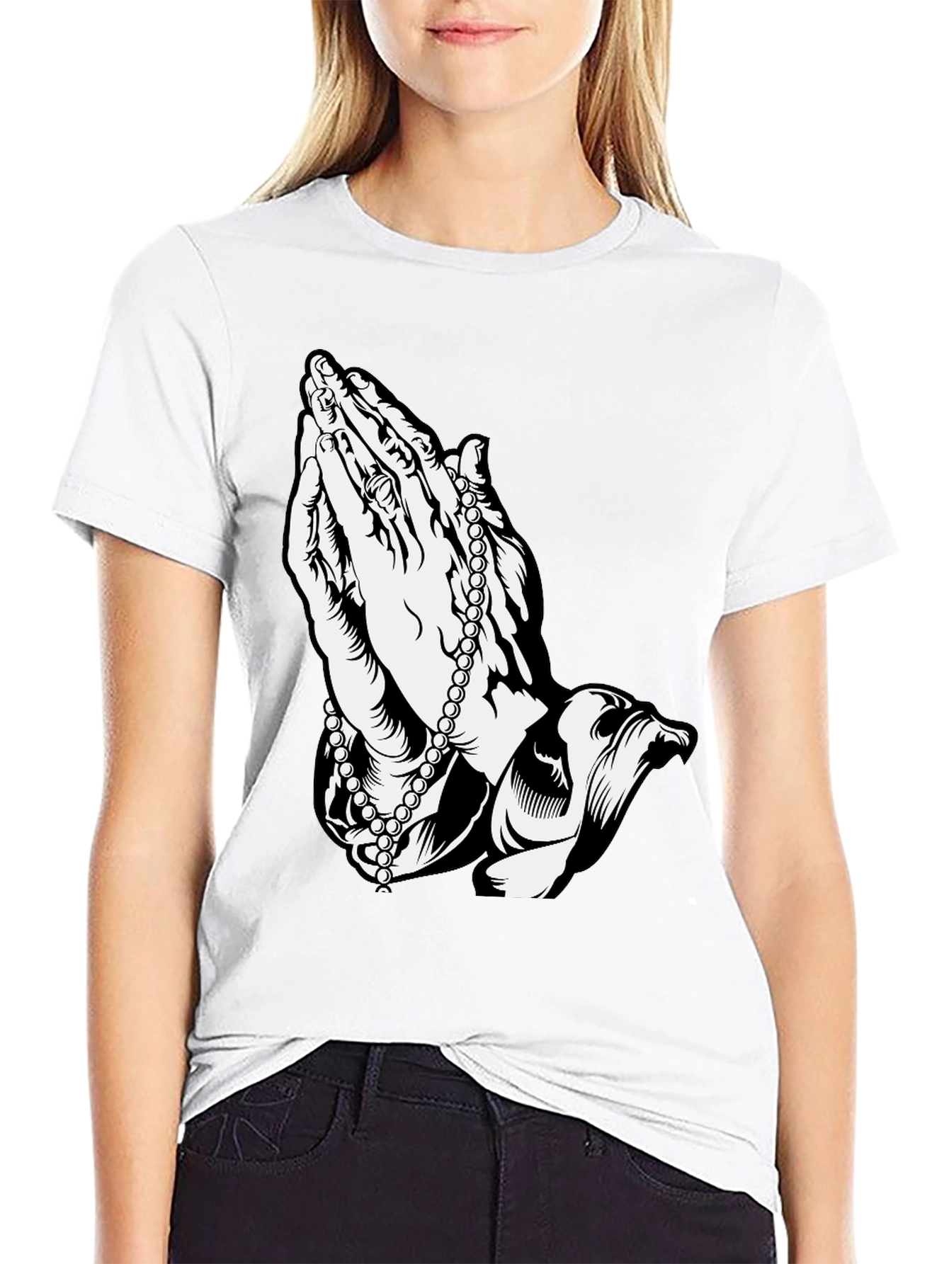 Praying Hands Rosary Black T-Shirt