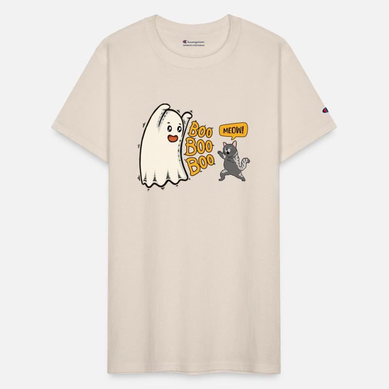 Boo! Funny Halloween ghost with fighting cat