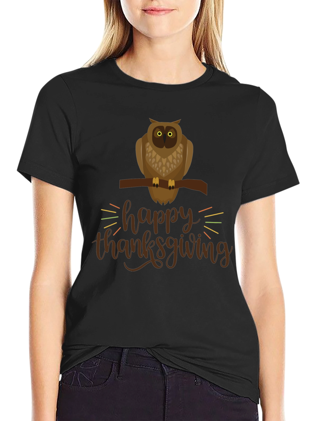 Happy Thanksgiving Owl Graphic Tee - Black