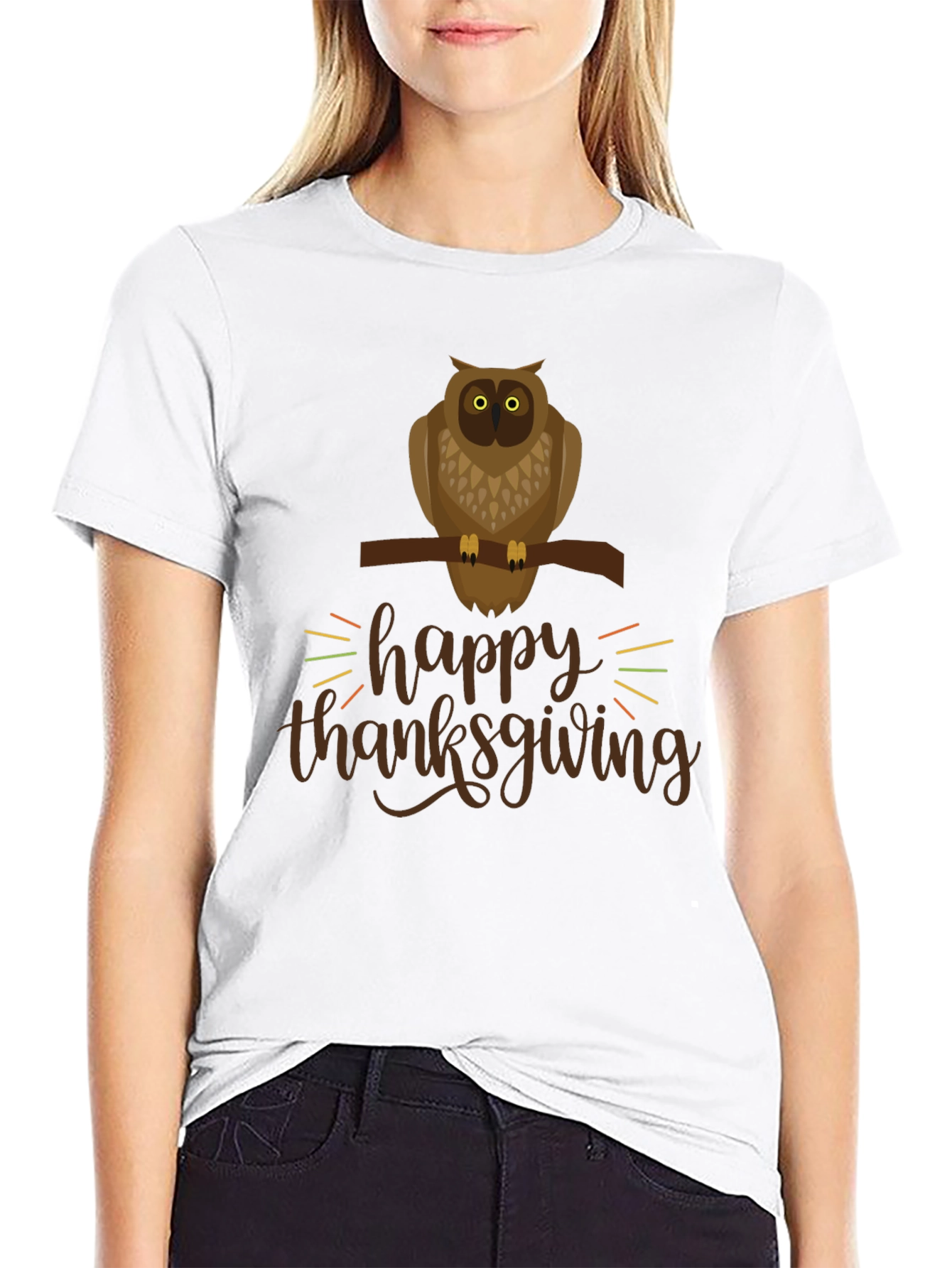 Happy Thanksgiving Owl Graphic Tee - Black