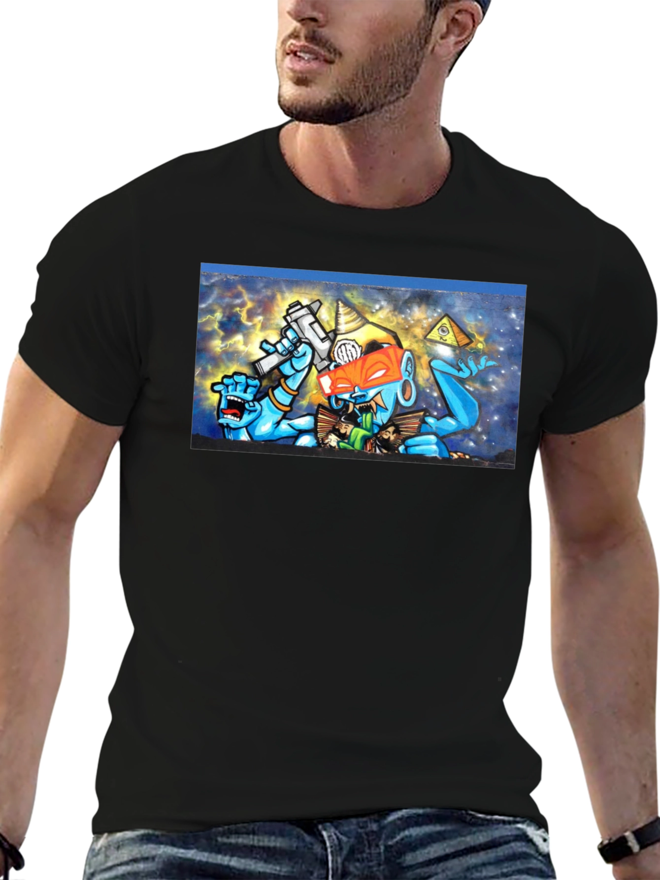 Black T-Shirt with Surreal Graffiti Graphic Print