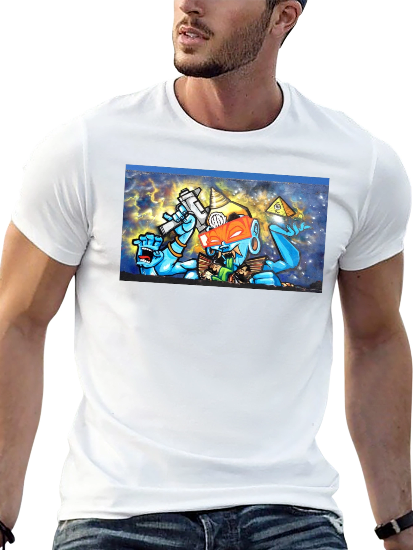 Black T-Shirt with Surreal Graffiti Graphic Print