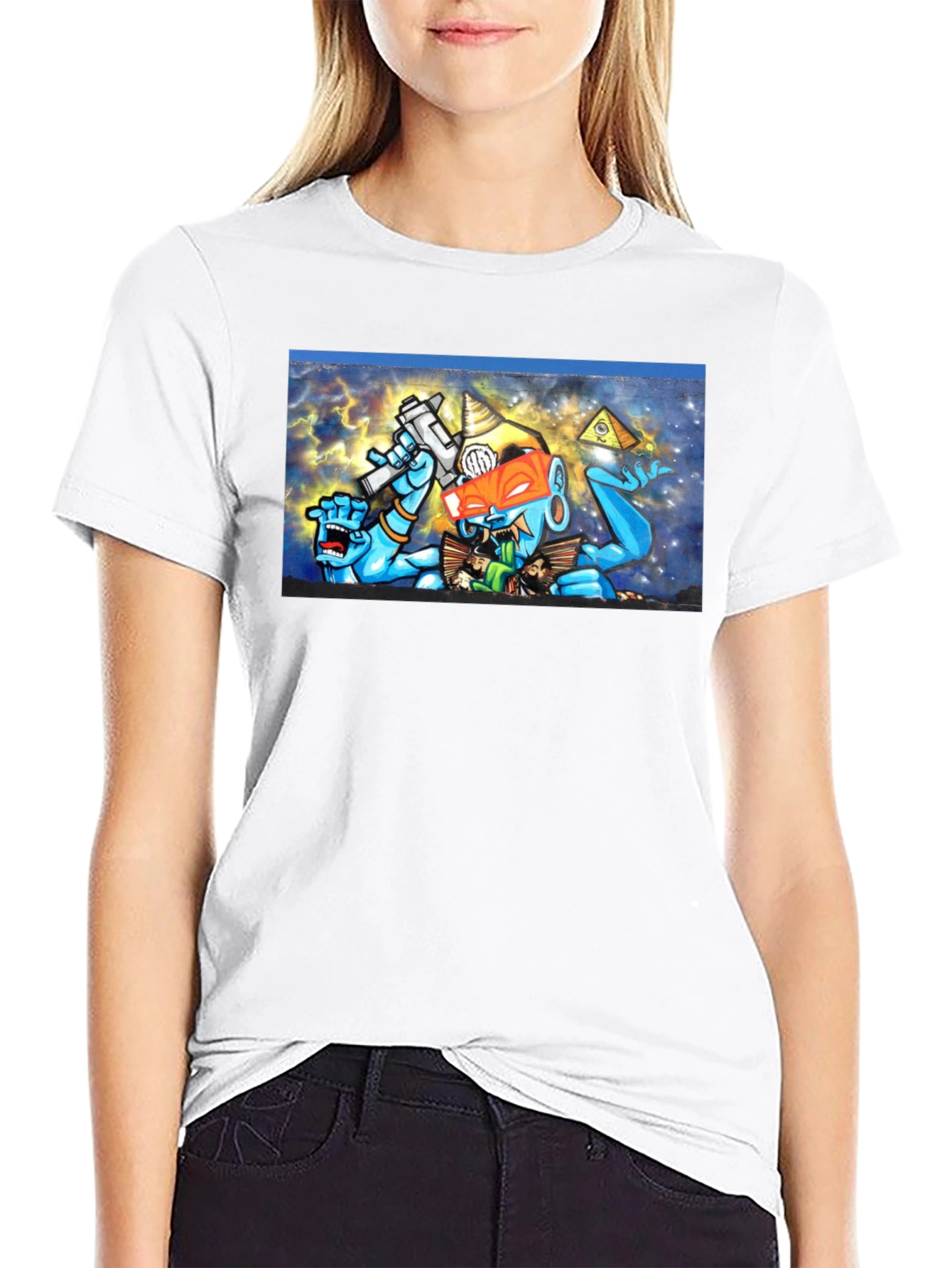 Black T-Shirt with Surreal Graffiti Graphic Print