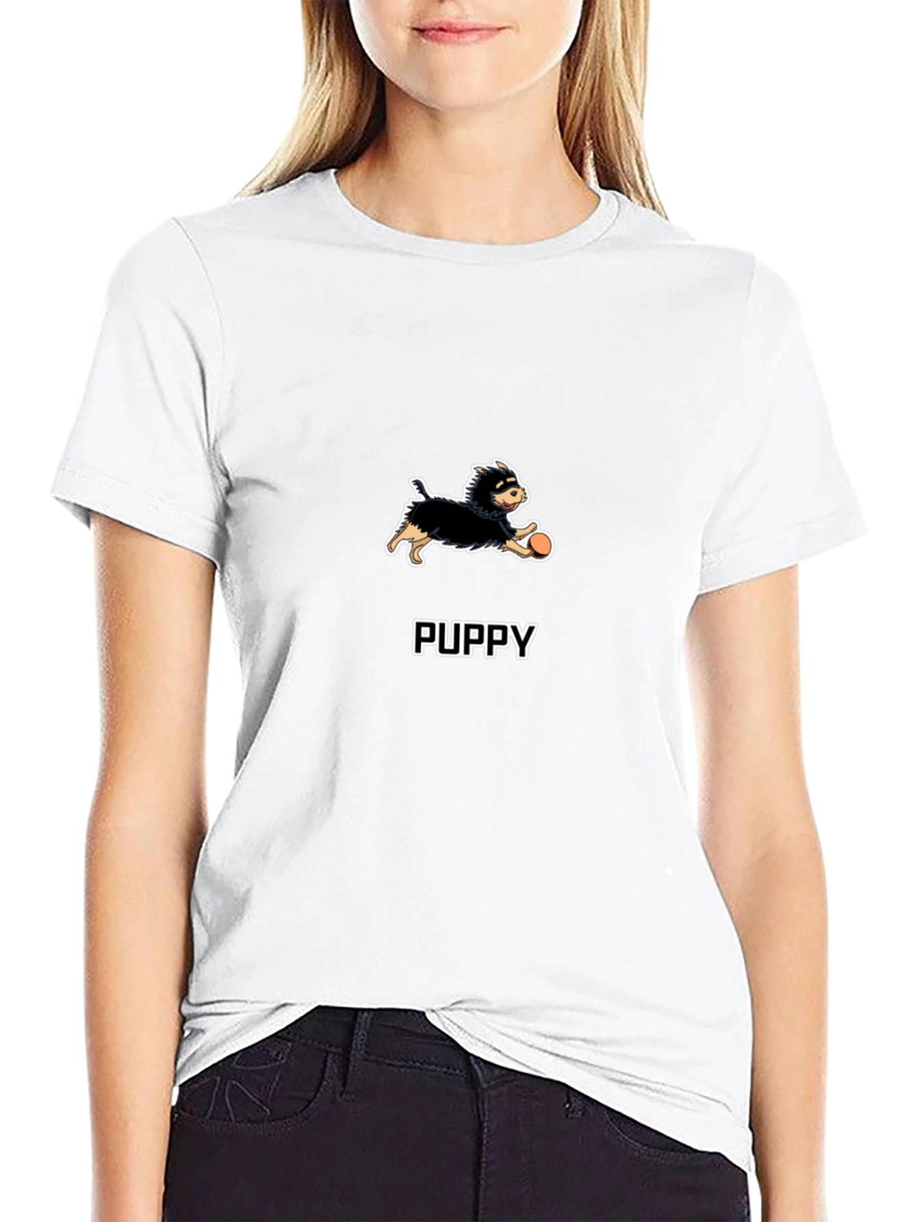 Puppy Cartoon Graphic Black T-Shirt