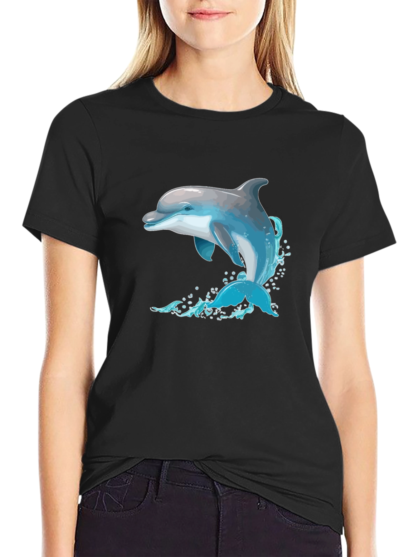 Dolphin Splash Graphic Black T-Shirt
