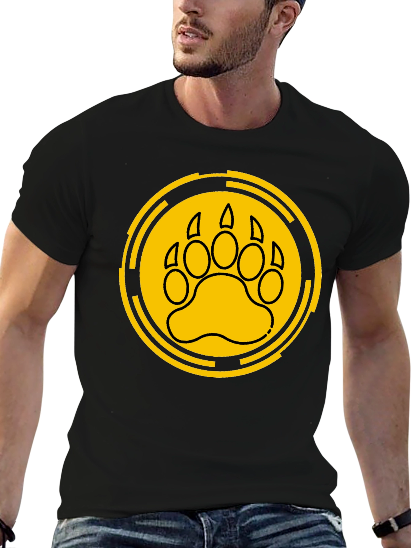 Bear Paw Print Graphic Tee - Black Cotton T-Shirt