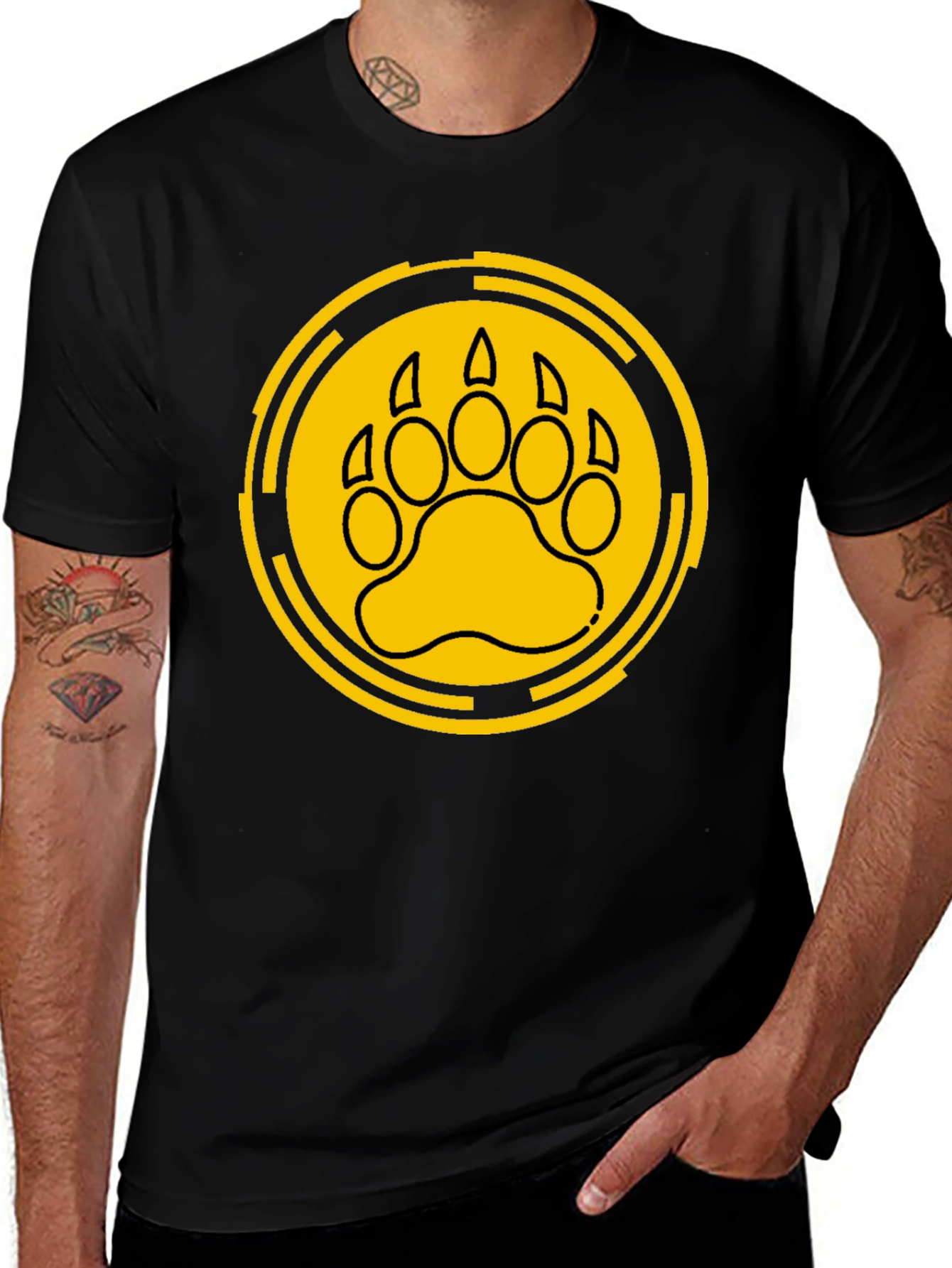 Bear Paw Print Graphic Tee - Black Cotton T-Shirt