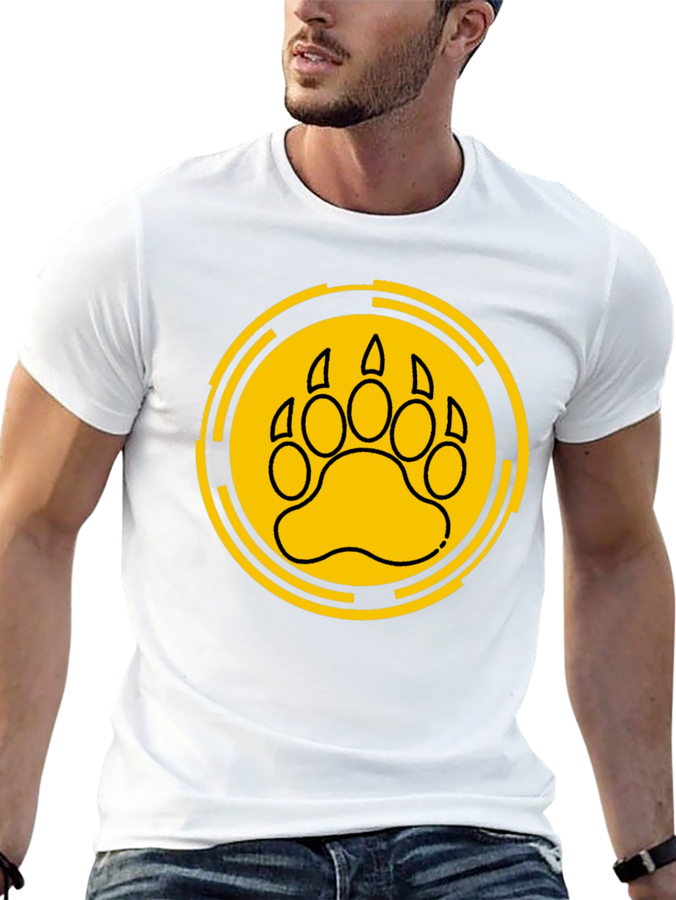 Bear Paw Print Graphic Tee - Black Cotton T-Shirt