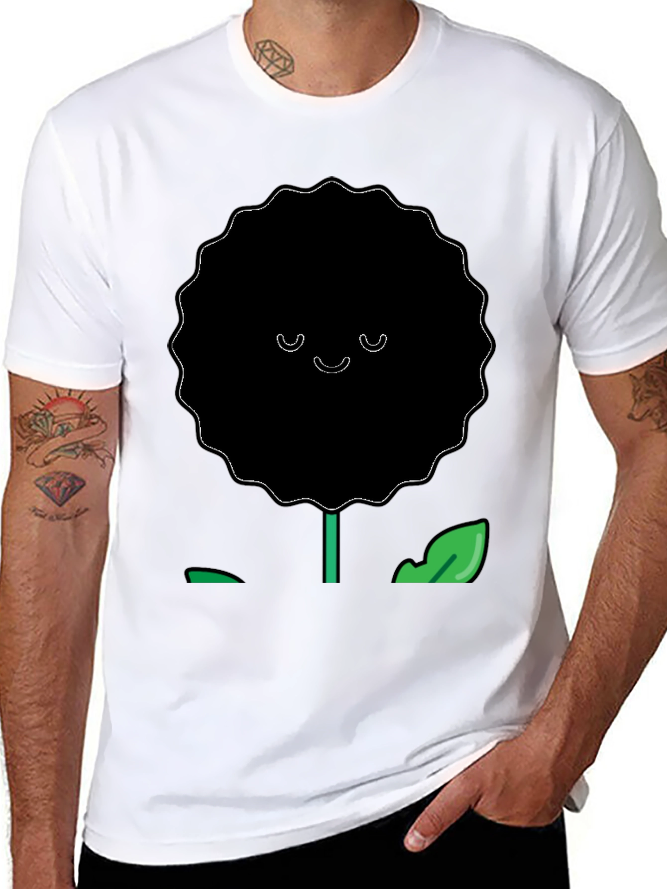 Smiling Flower Graphic T-Shirt - Casual Black Tee