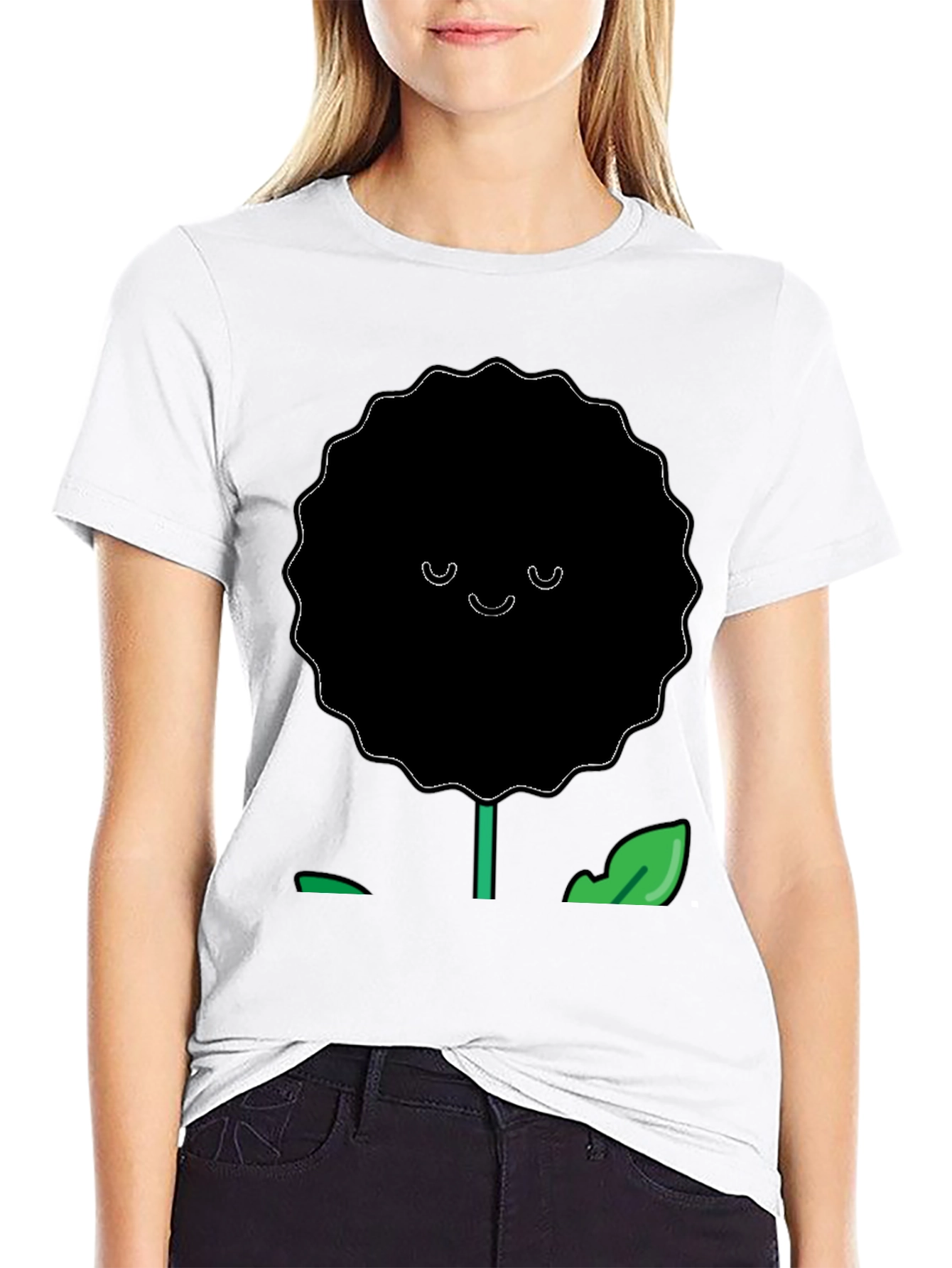 Smiling Flower Graphic T-Shirt - Casual Black Tee