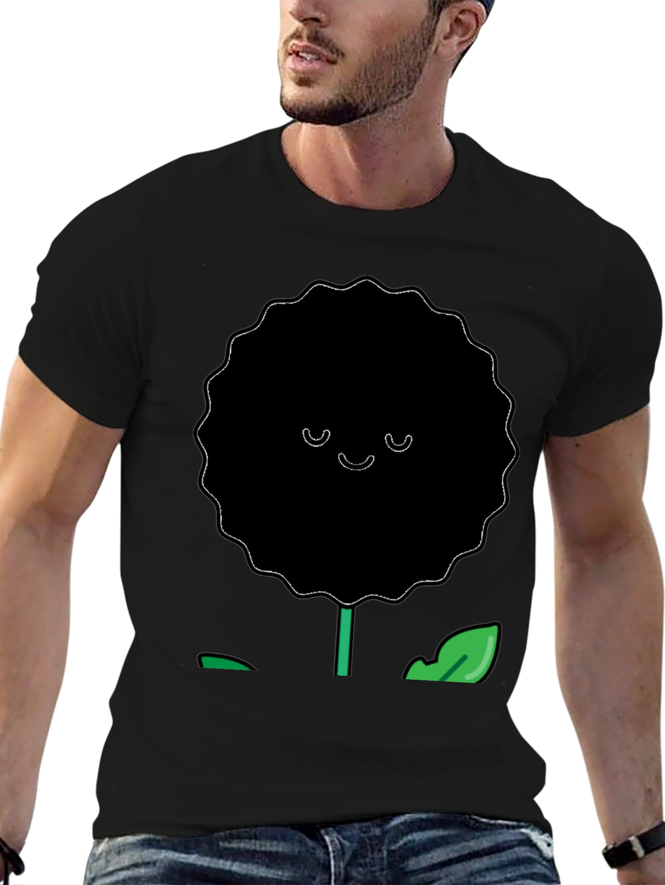Smiling Flower Graphic T-Shirt - Casual Black Tee