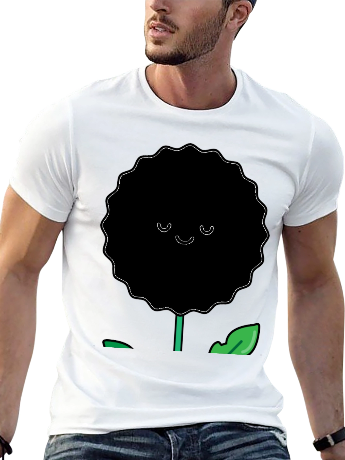 Smiling Flower Graphic T-Shirt - Casual Black Tee