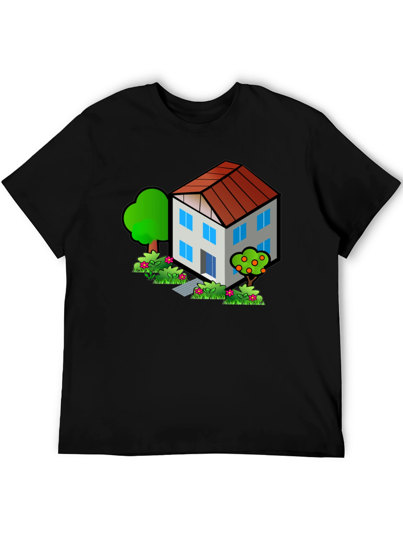 Cartoon House Graphic Tee - Black Cotton T-Shirt