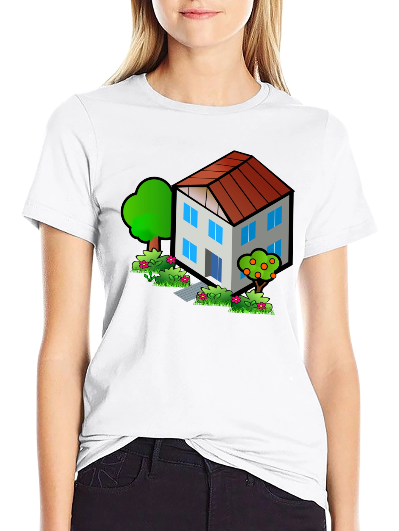 Cartoon House Graphic Tee - Black Cotton T-Shirt