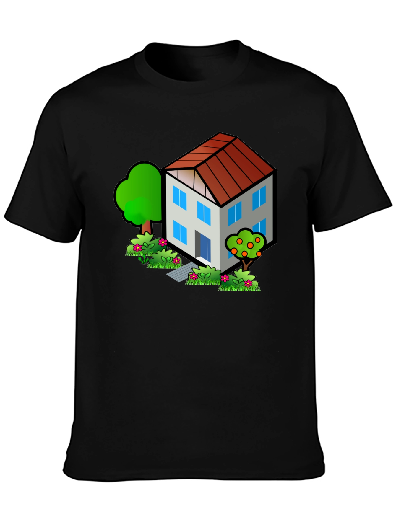 Cartoon House Graphic Tee - Black Cotton T-Shirt