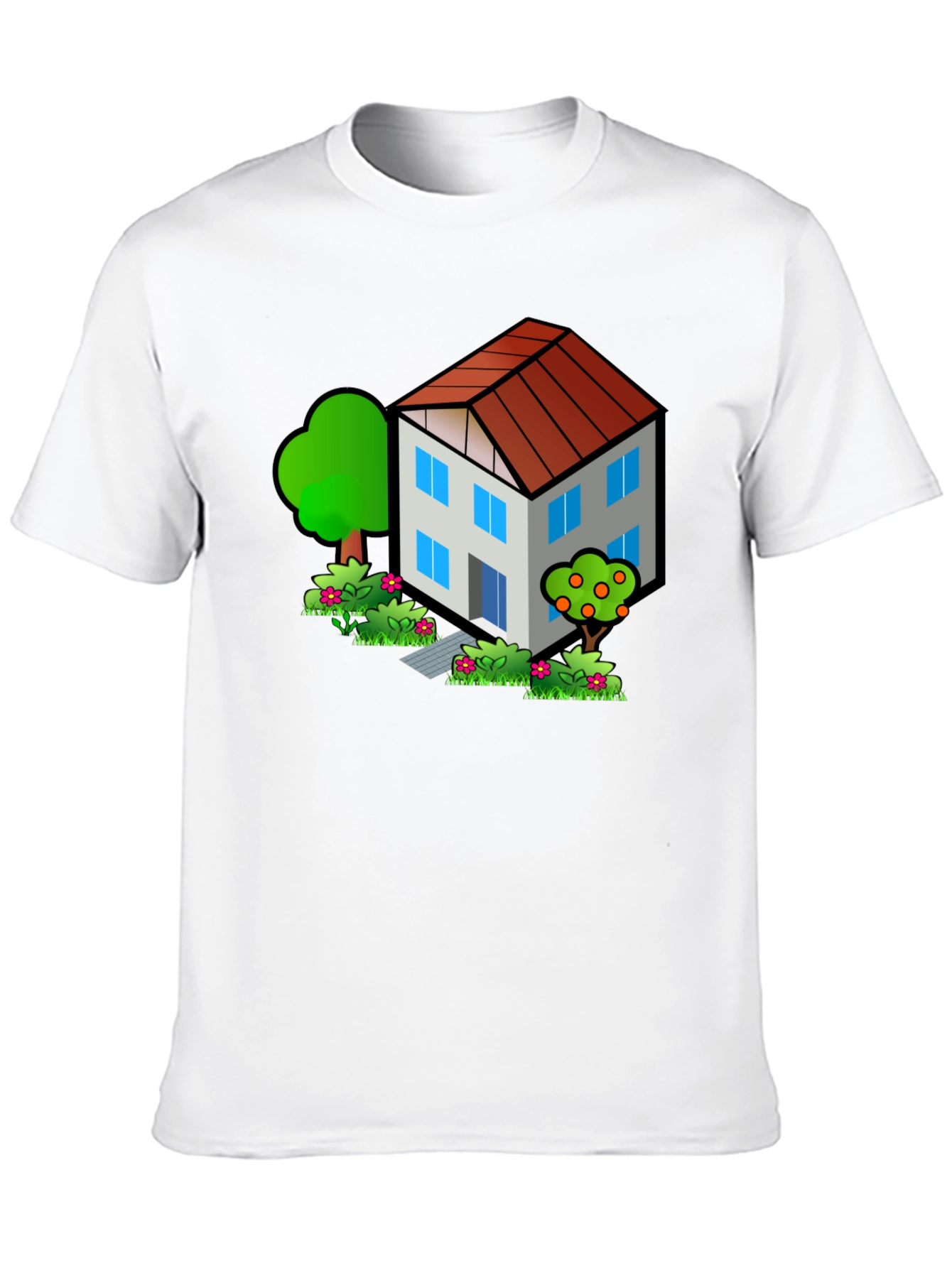 Cartoon House Graphic Tee - Black Cotton T-Shirt