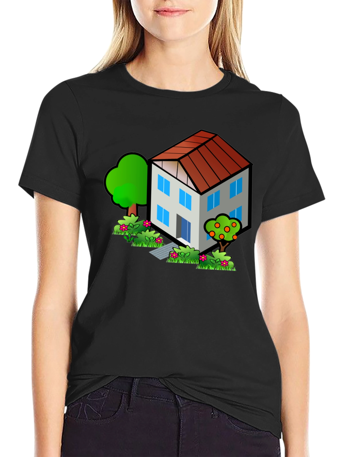 Cartoon House Graphic Tee - Black Cotton T-Shirt