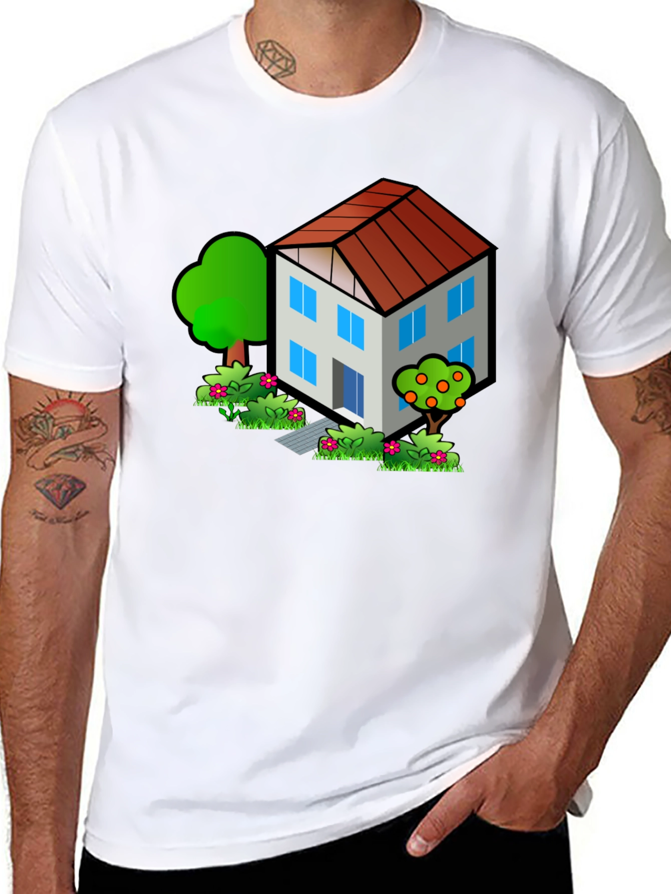 Cartoon House Graphic Tee - Black Cotton T-Shirt
