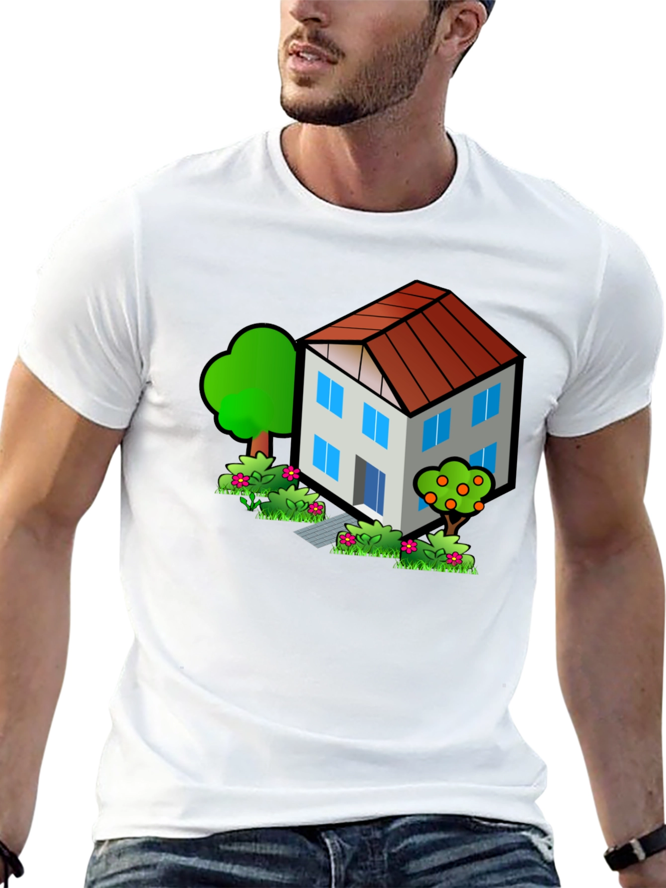 Cartoon House Graphic Tee - Black Cotton T-Shirt