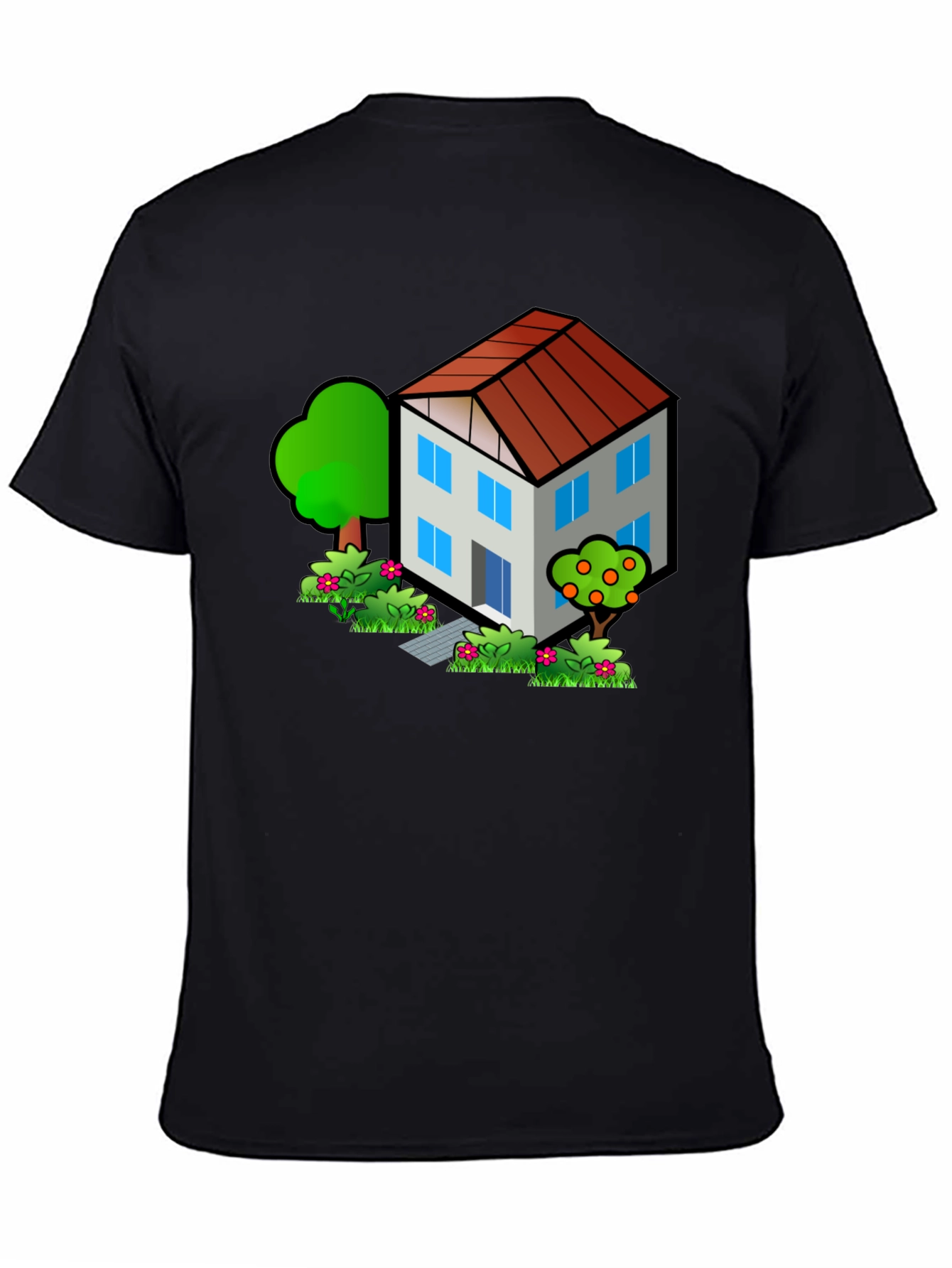 Cartoon House Graphic Tee - Black Cotton T-Shirt