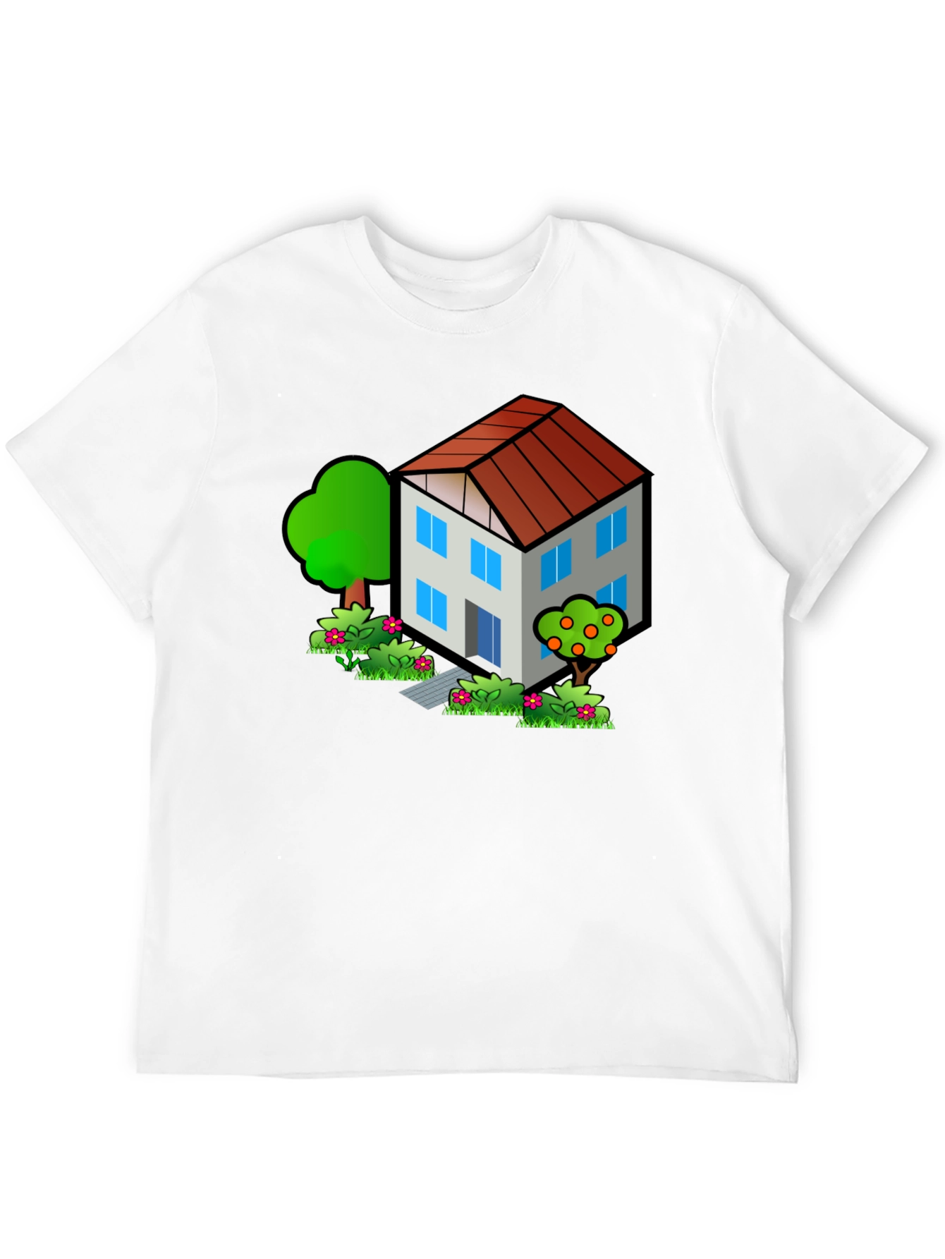 Cartoon House Graphic Tee - Black Cotton T-Shirt