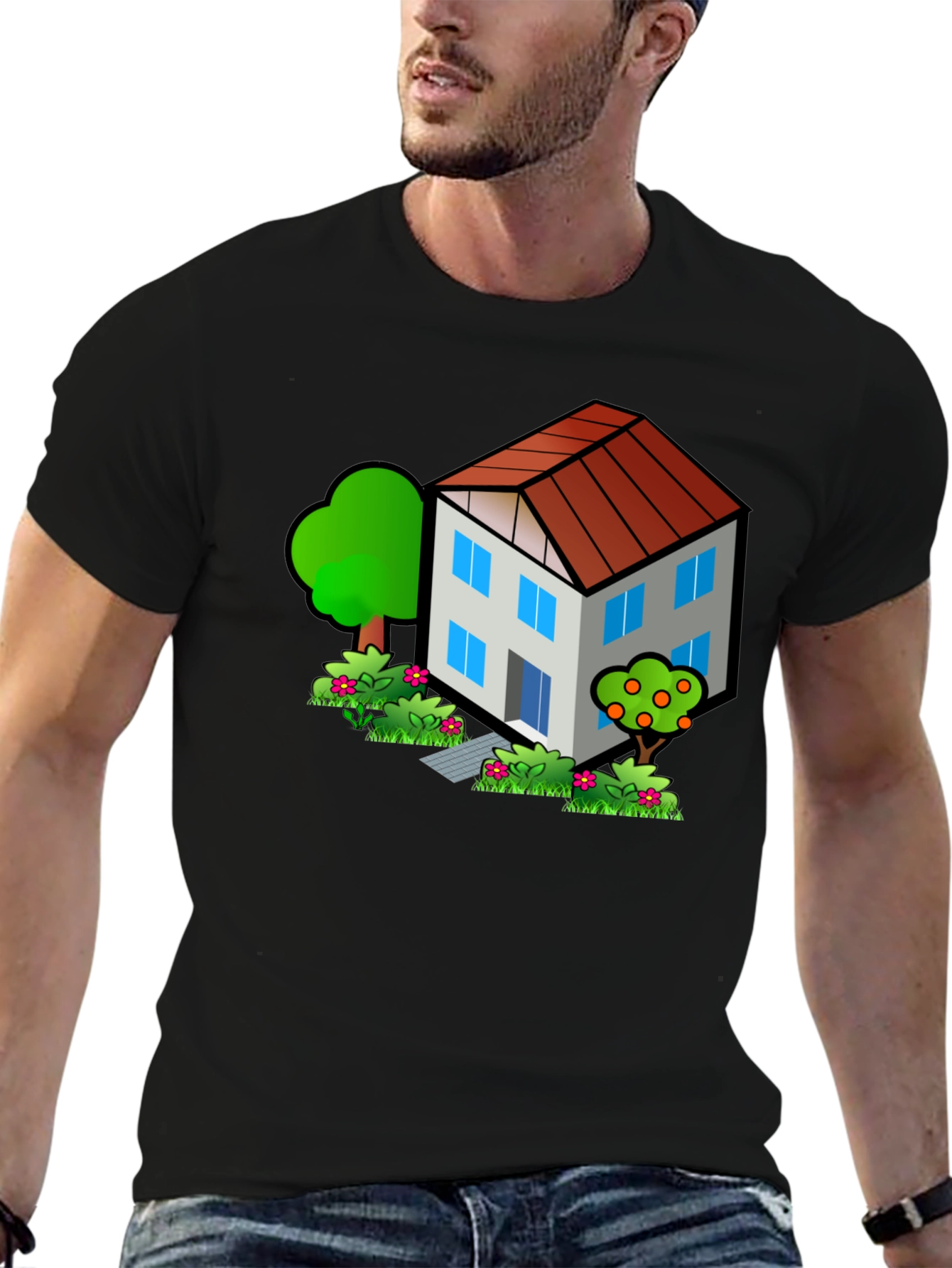 Cartoon House Graphic Tee - Black Cotton T-Shirt
