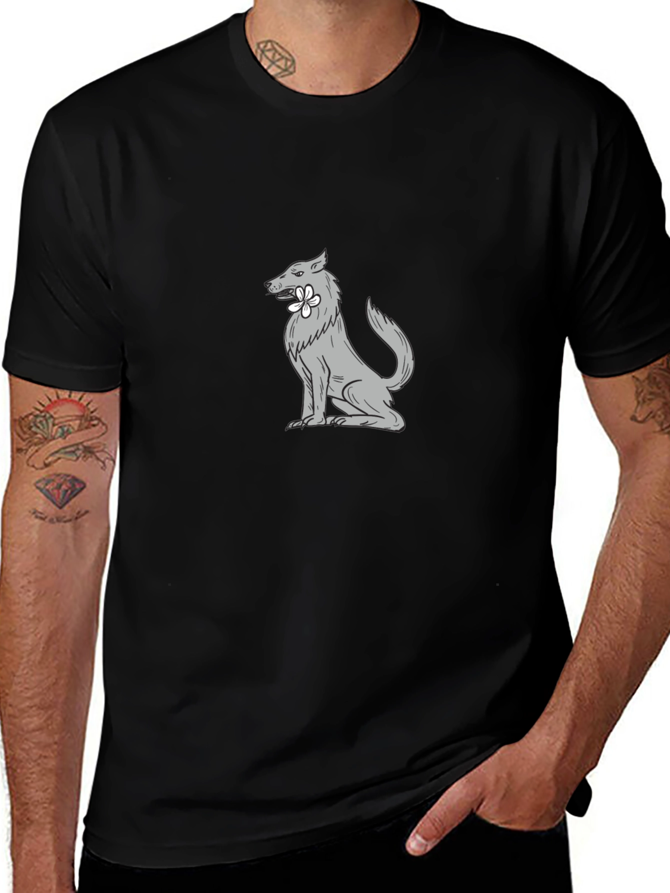 Wolf with Flower Graphic Tee - Cool Black T-Shirt