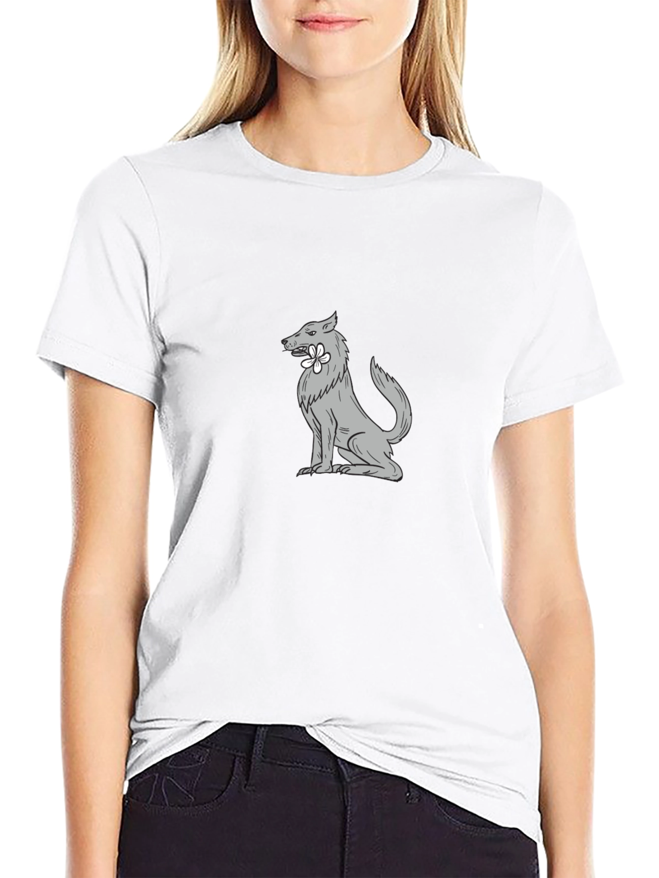 Wolf with Flower Graphic Tee - Cool Black T-Shirt