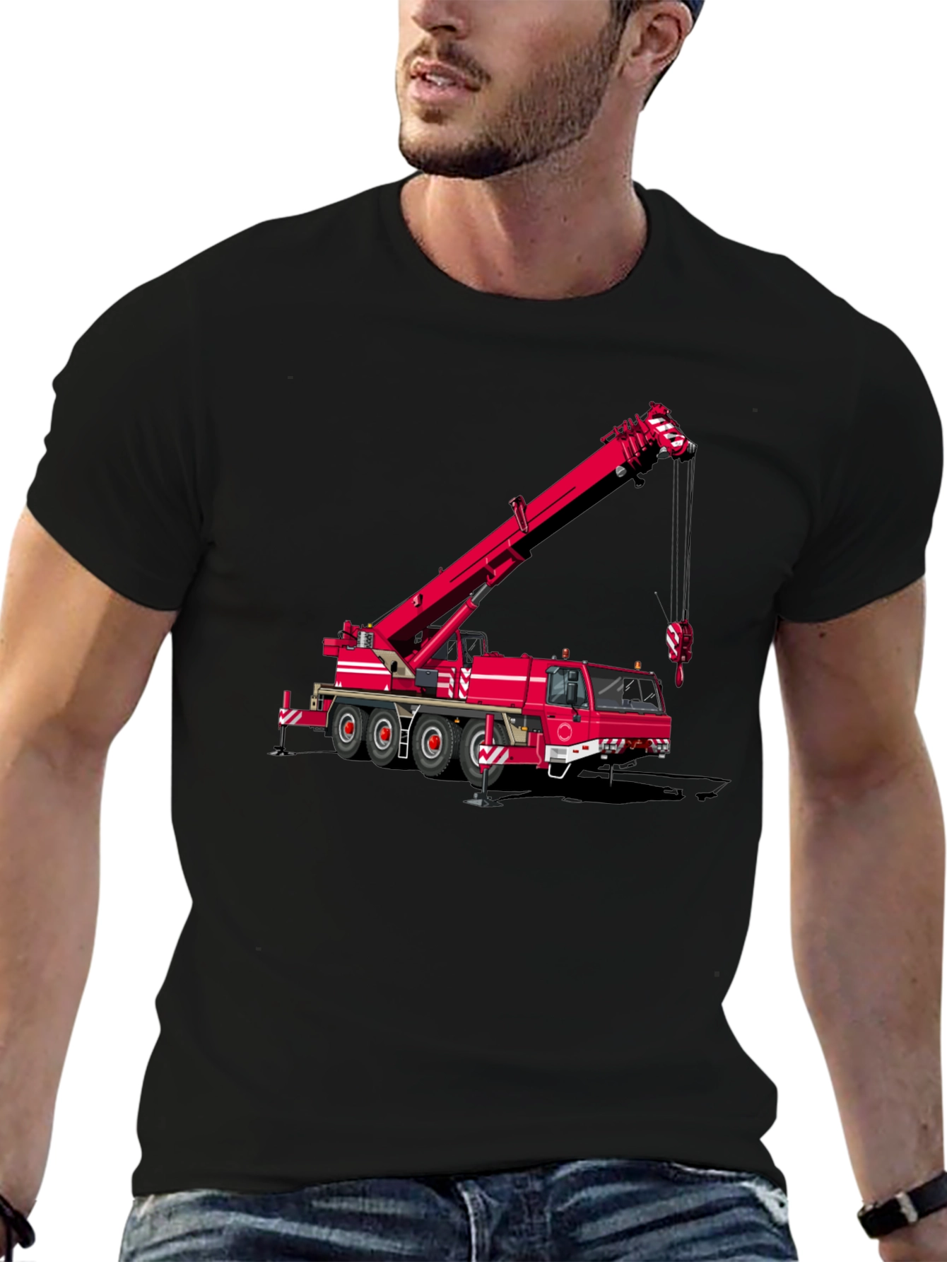 Crane Truck Graphic Tee - Black Cotton Blend T-Shirt