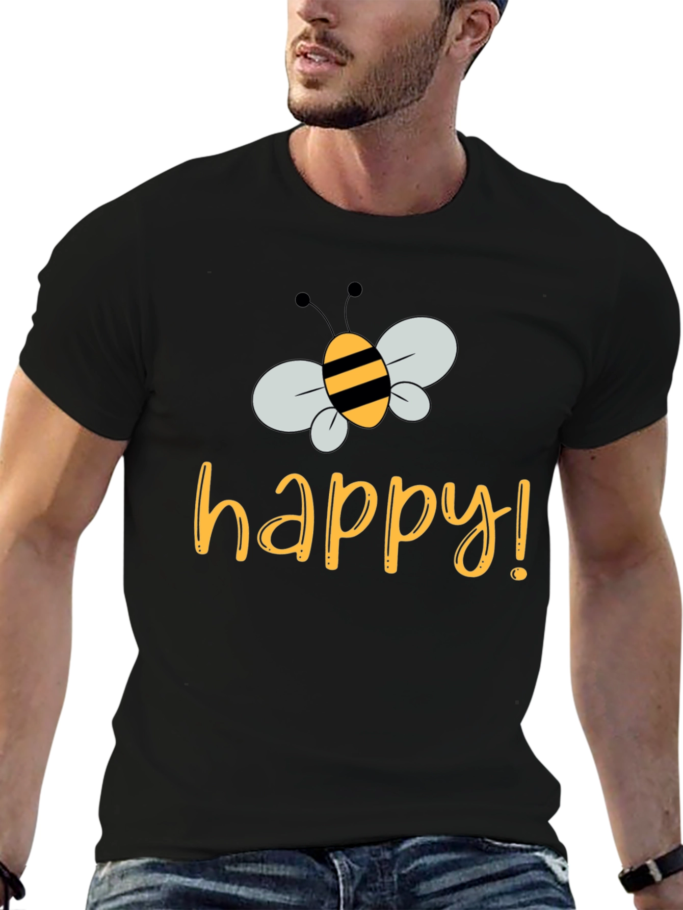 Bee Happy T-Shirt - Black Crew Neck Tee