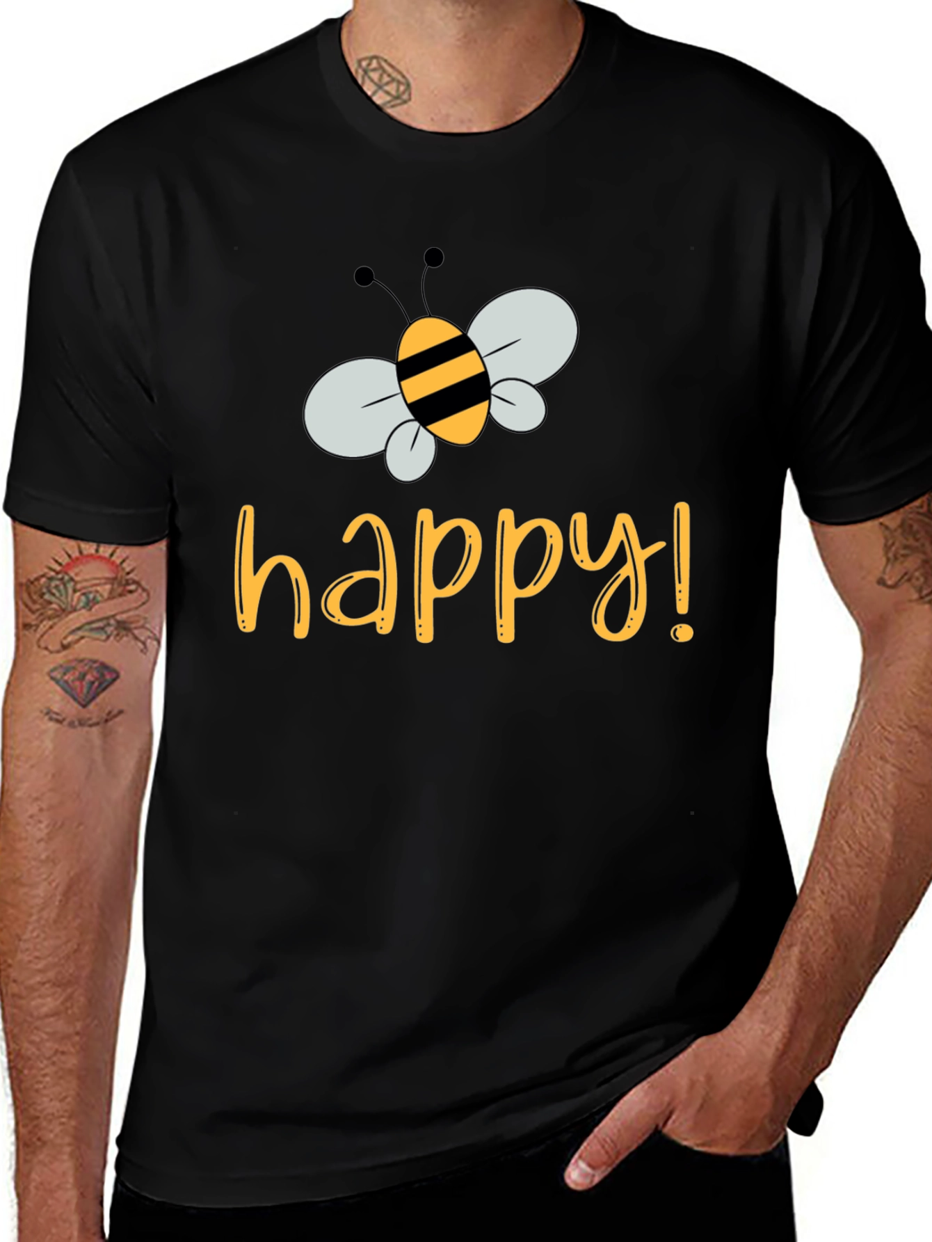 Bee Happy T-Shirt - Black Crew Neck Tee