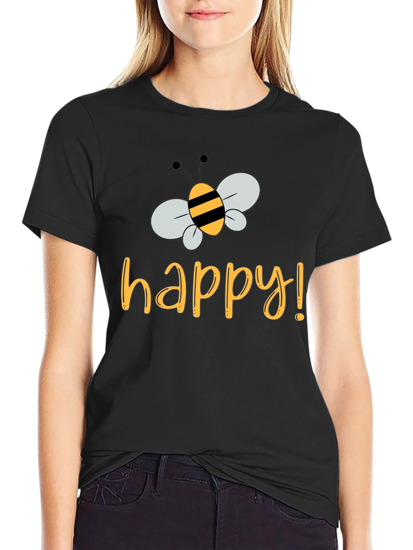 Bee Happy T-Shirt - Black Crew Neck Tee