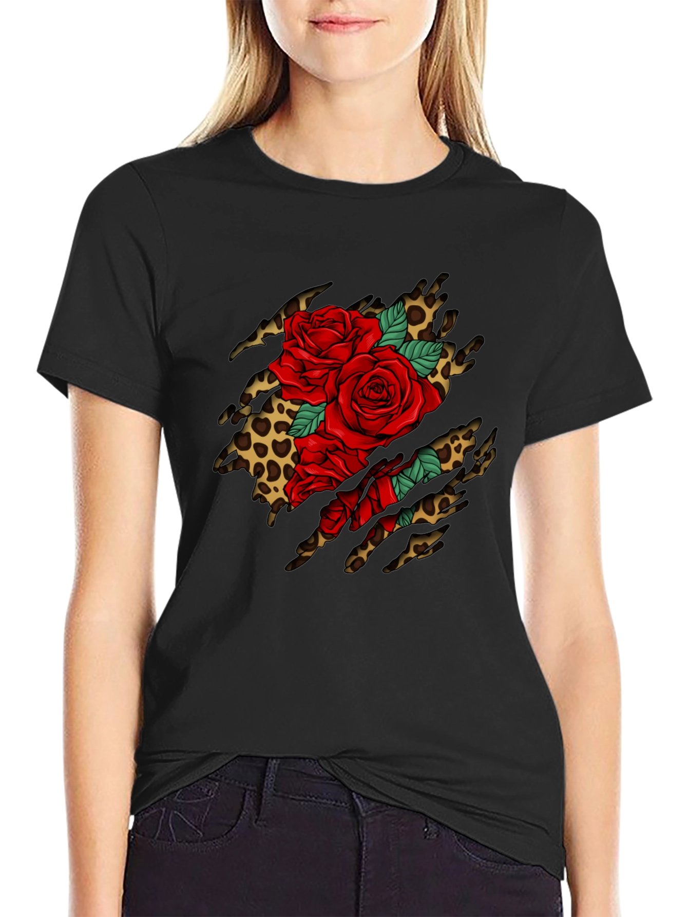 Roses & Leopard Print Graphic T-Shirt - Bold Design