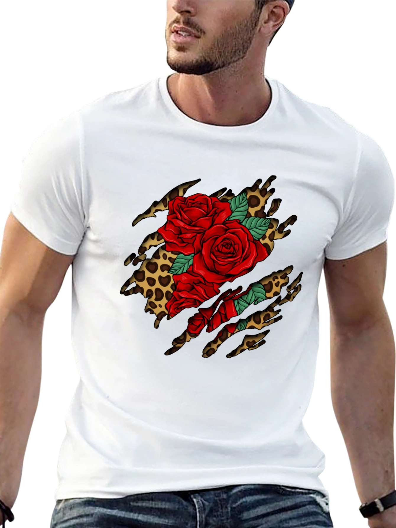 Roses & Leopard Print Graphic T-Shirt - Bold Design