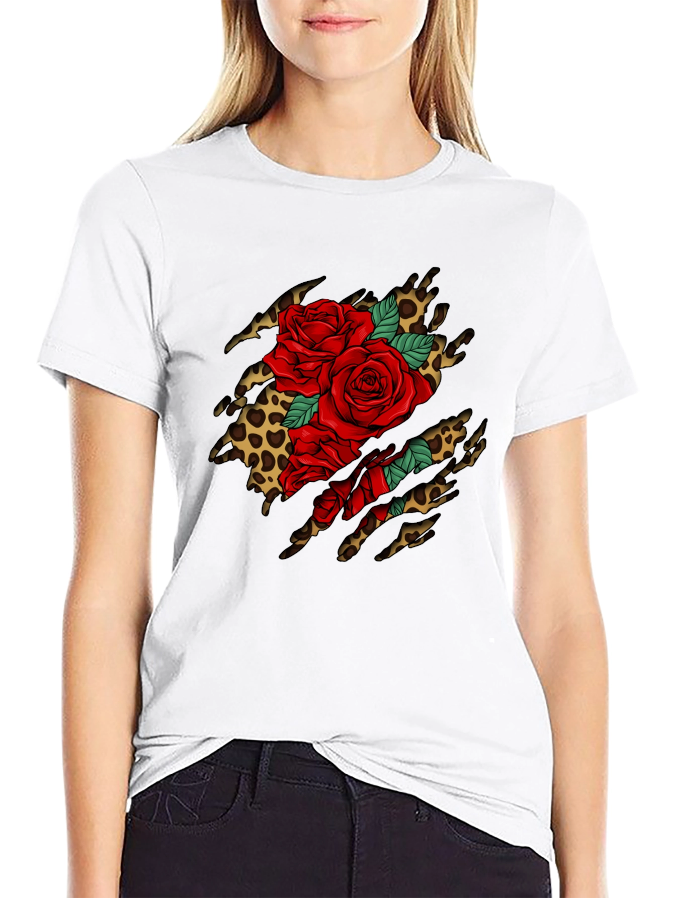 Roses & Leopard Print Graphic T-Shirt - Bold Design