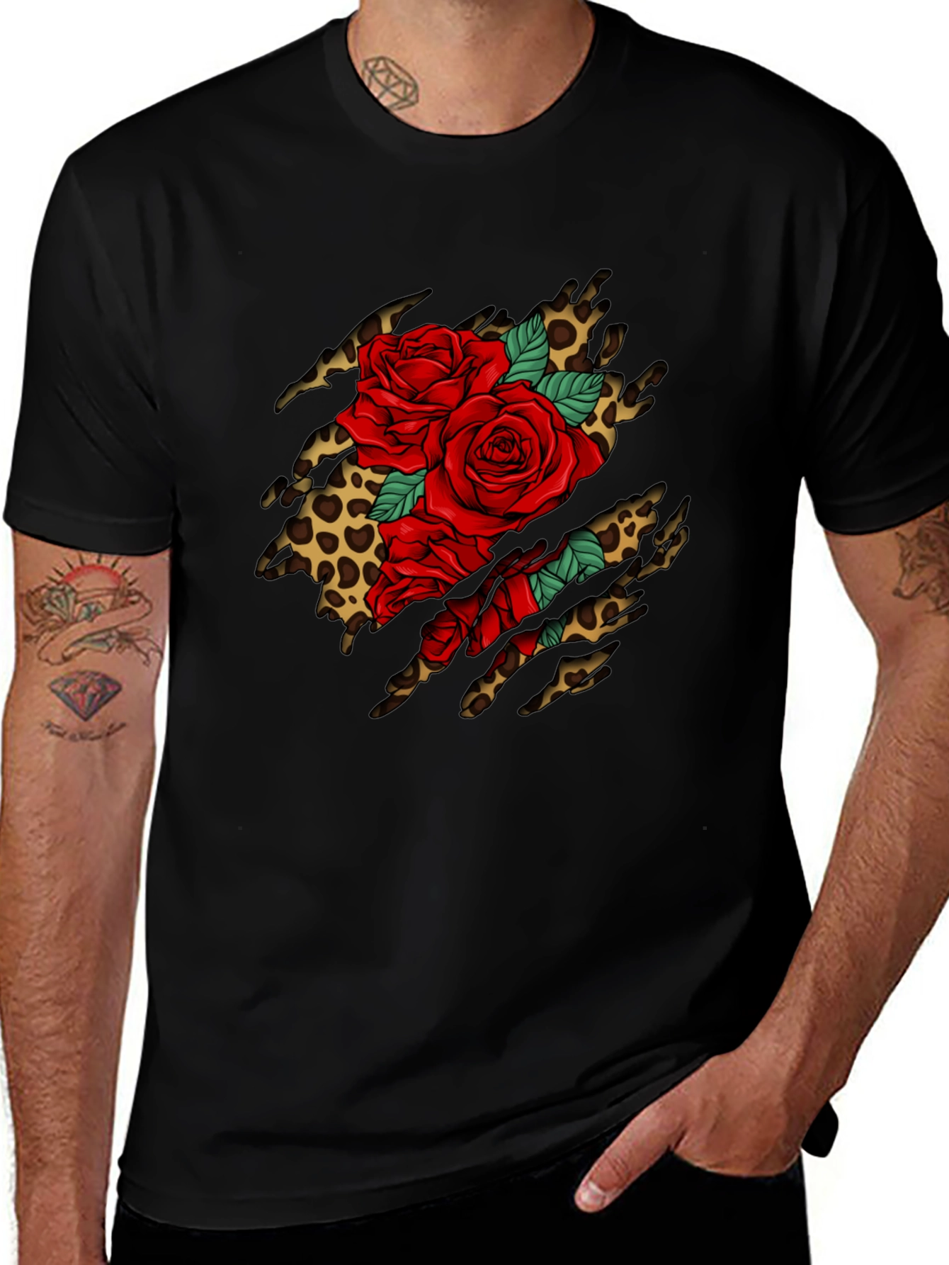 Roses & Leopard Print Graphic T-Shirt - Bold Design