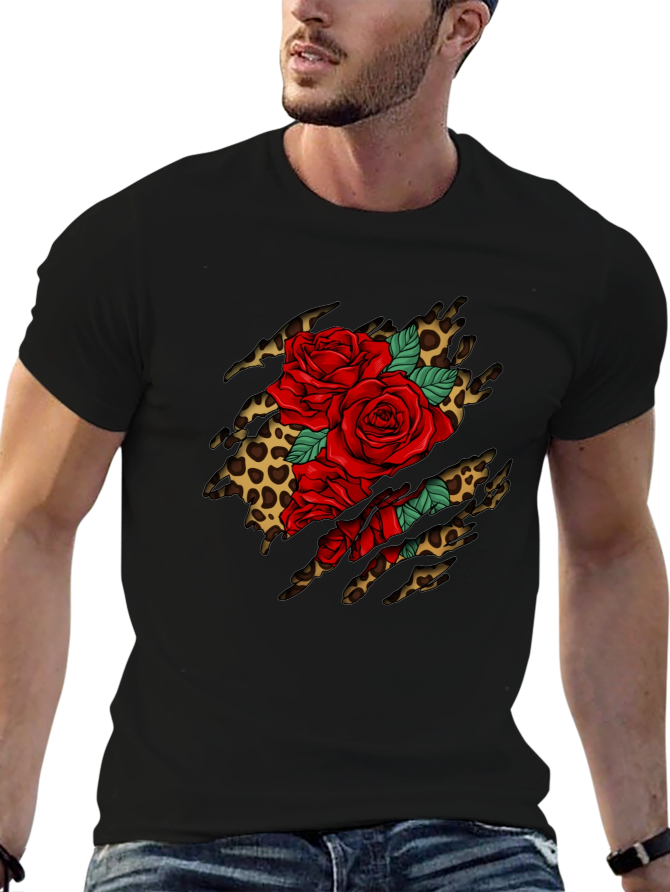 Roses & Leopard Print Graphic T-Shirt - Bold Design