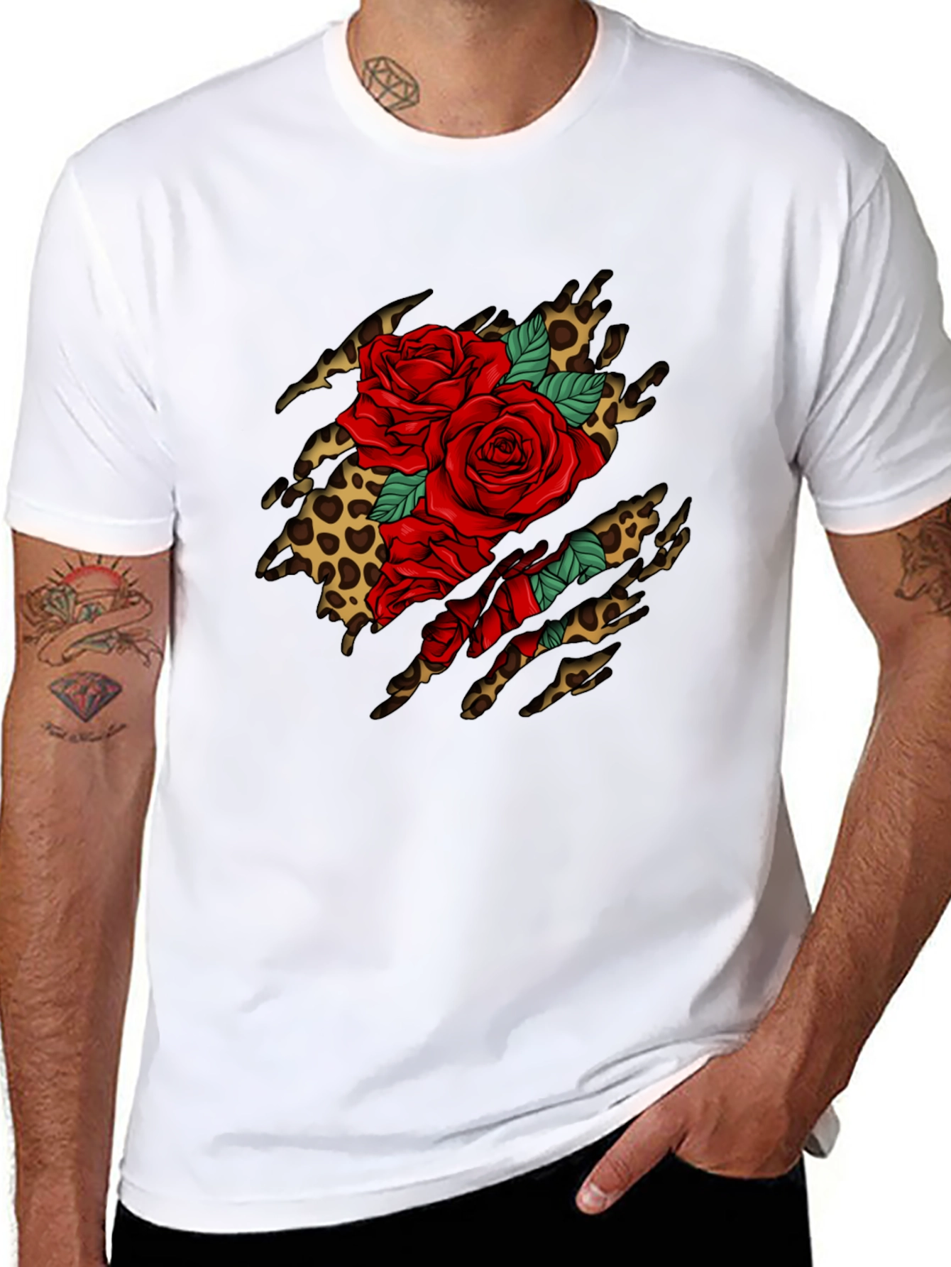 Roses & Leopard Print Graphic T-Shirt - Bold Design