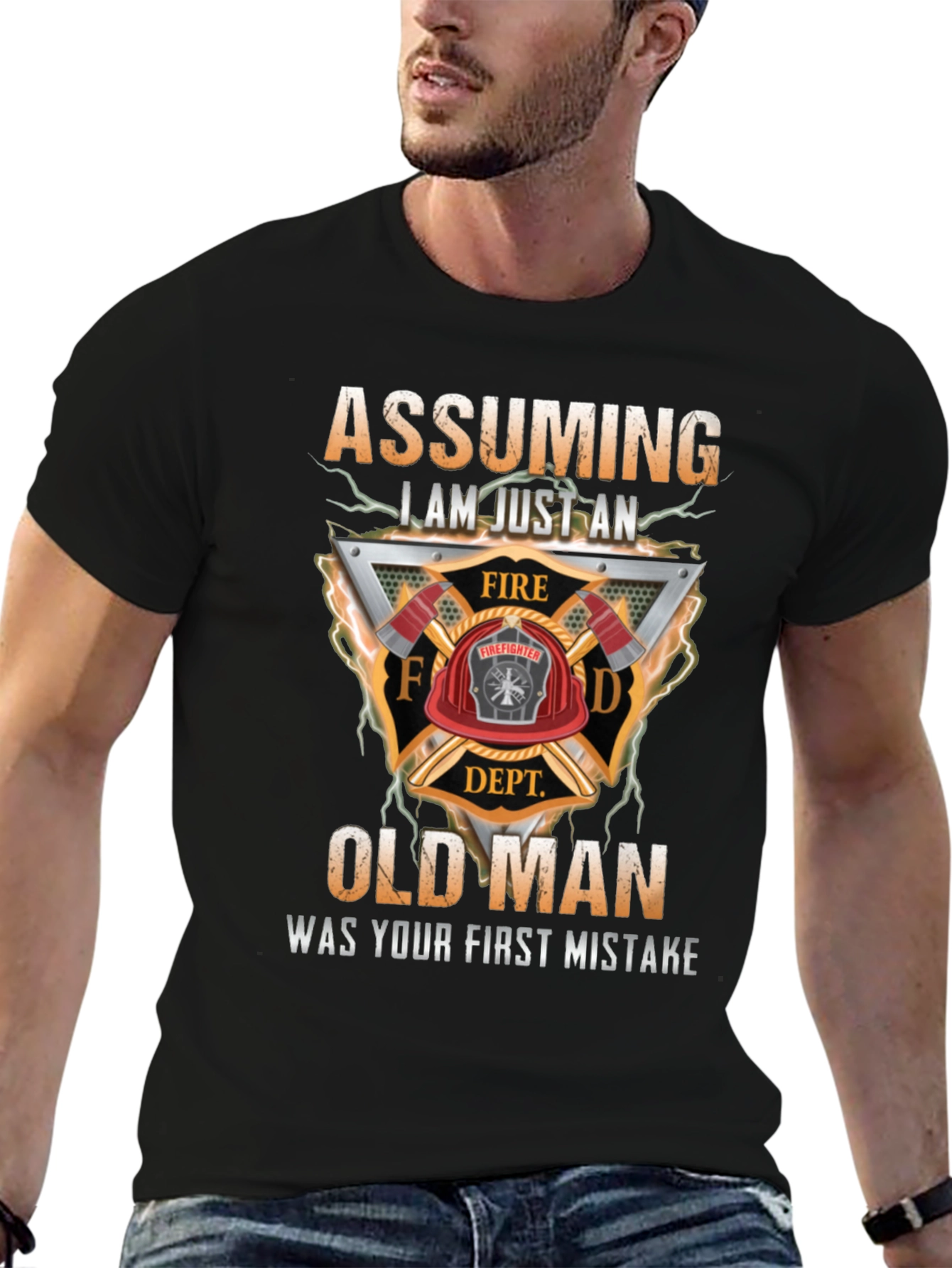 Firefighter Old Man Graphic T-Shirt