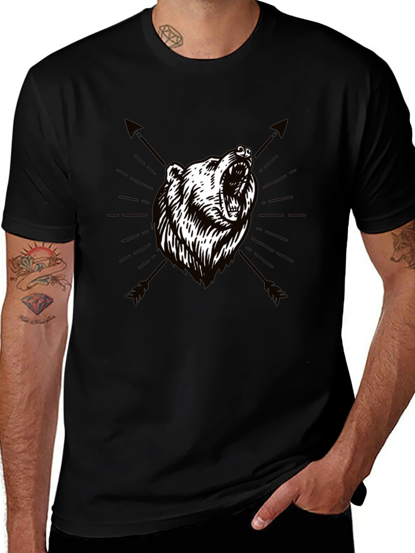 Bear & Arrow Graphic Print Mens Black T-Shirt