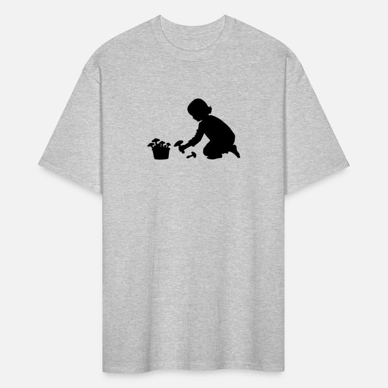 charming silhouette motif girl collects mushrooms