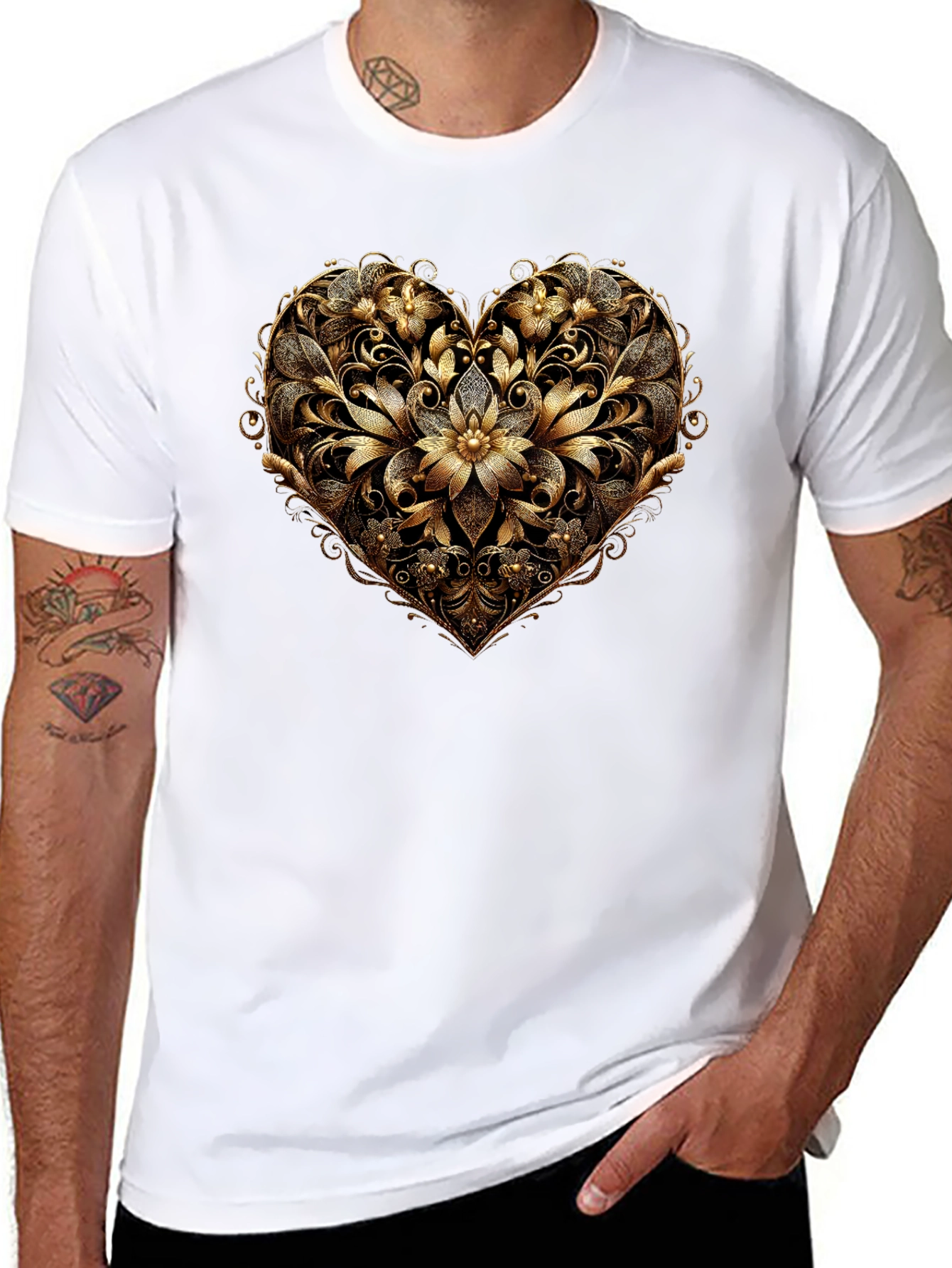 Golden Floral Heart Black T-Shirt