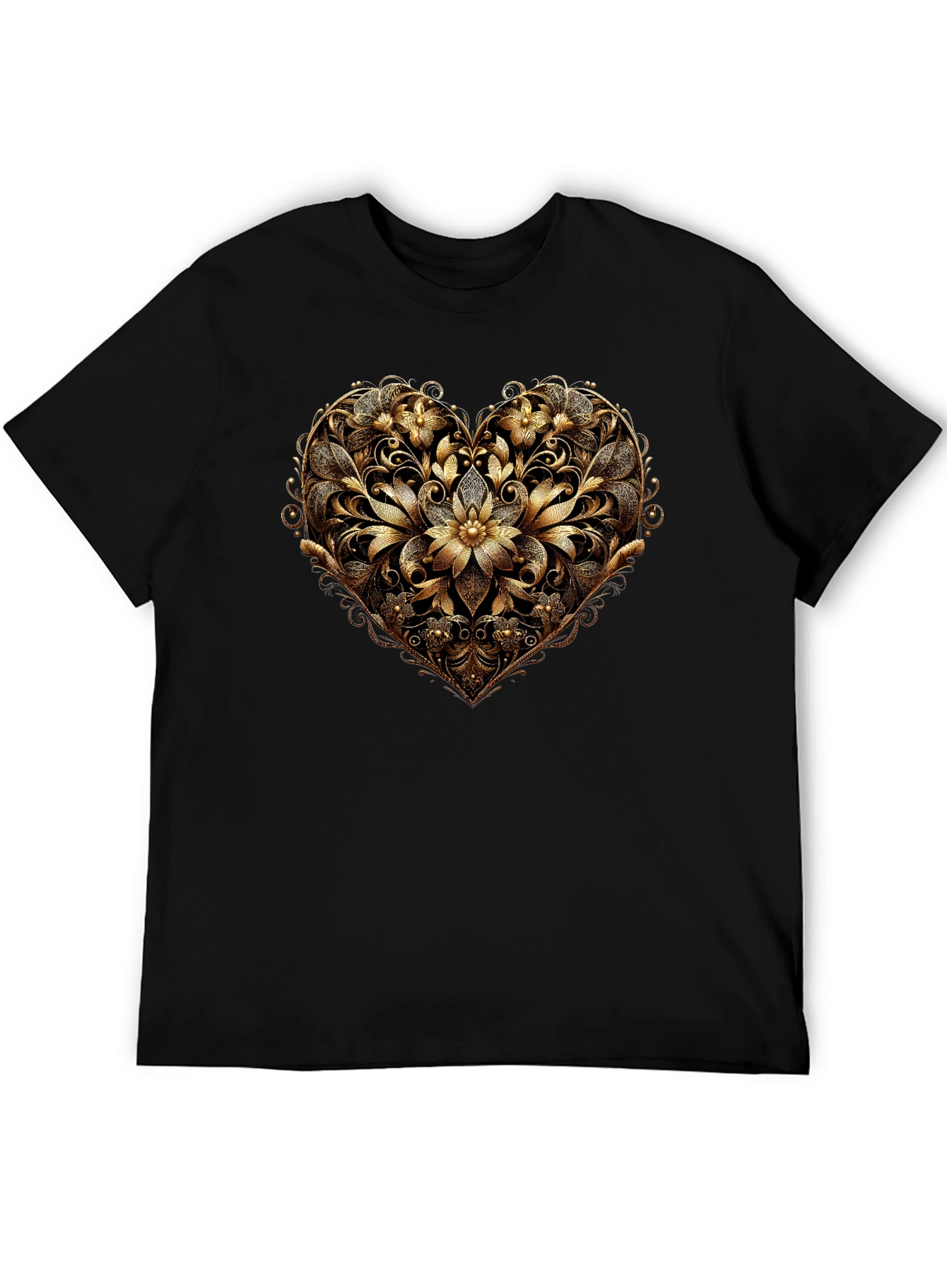 Golden Floral Heart Black T-Shirt