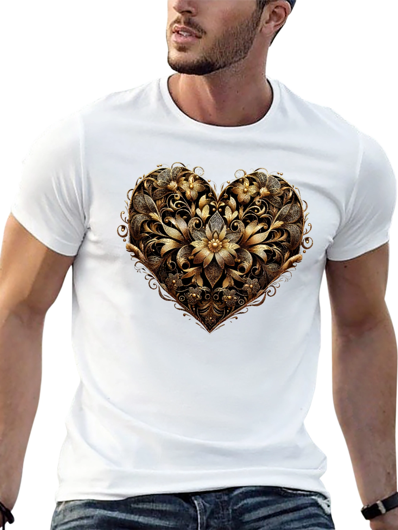 Golden Floral Heart Black T-Shirt