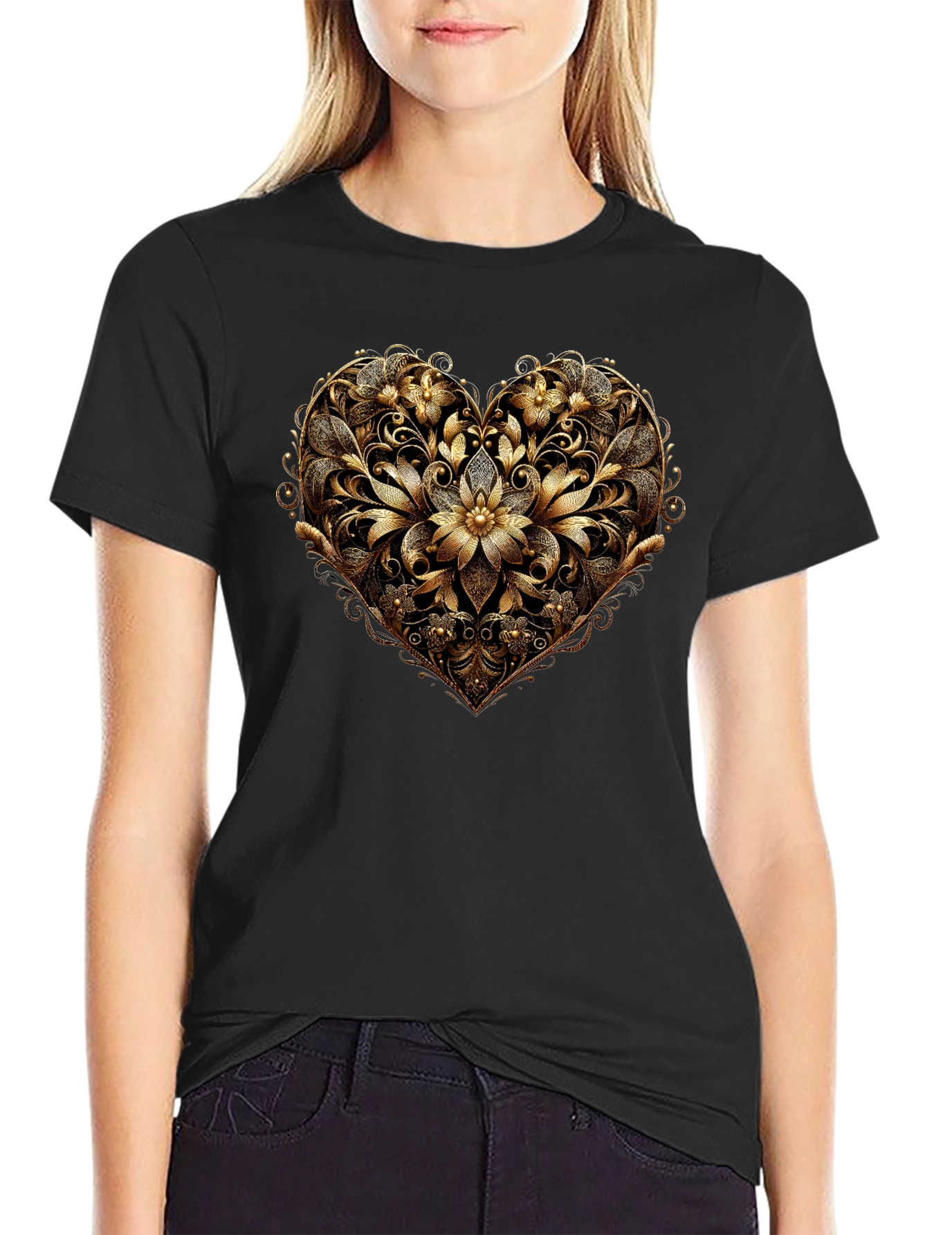 Golden Floral Heart Black T-Shirt