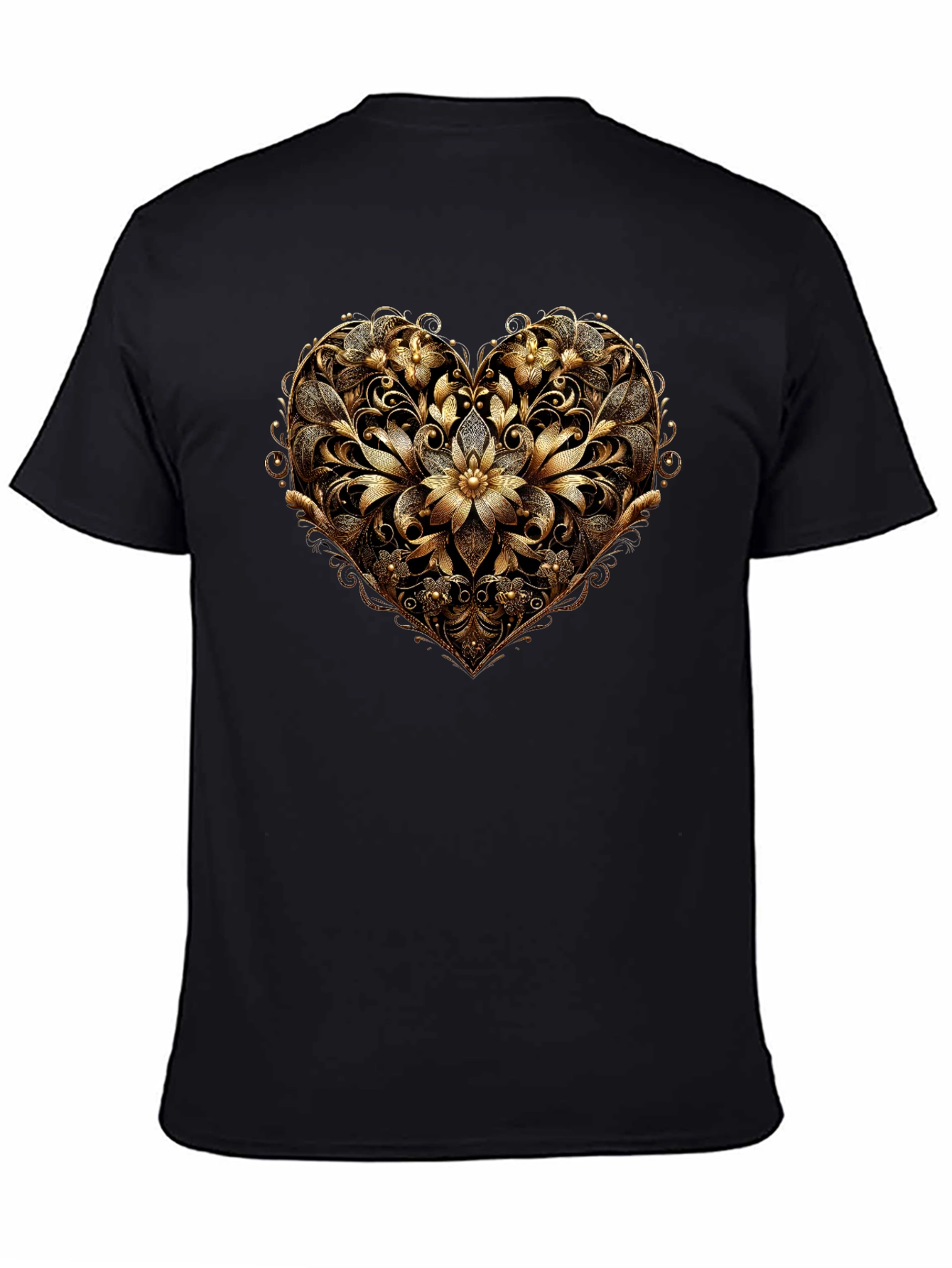 Golden Floral Heart Black T-Shirt