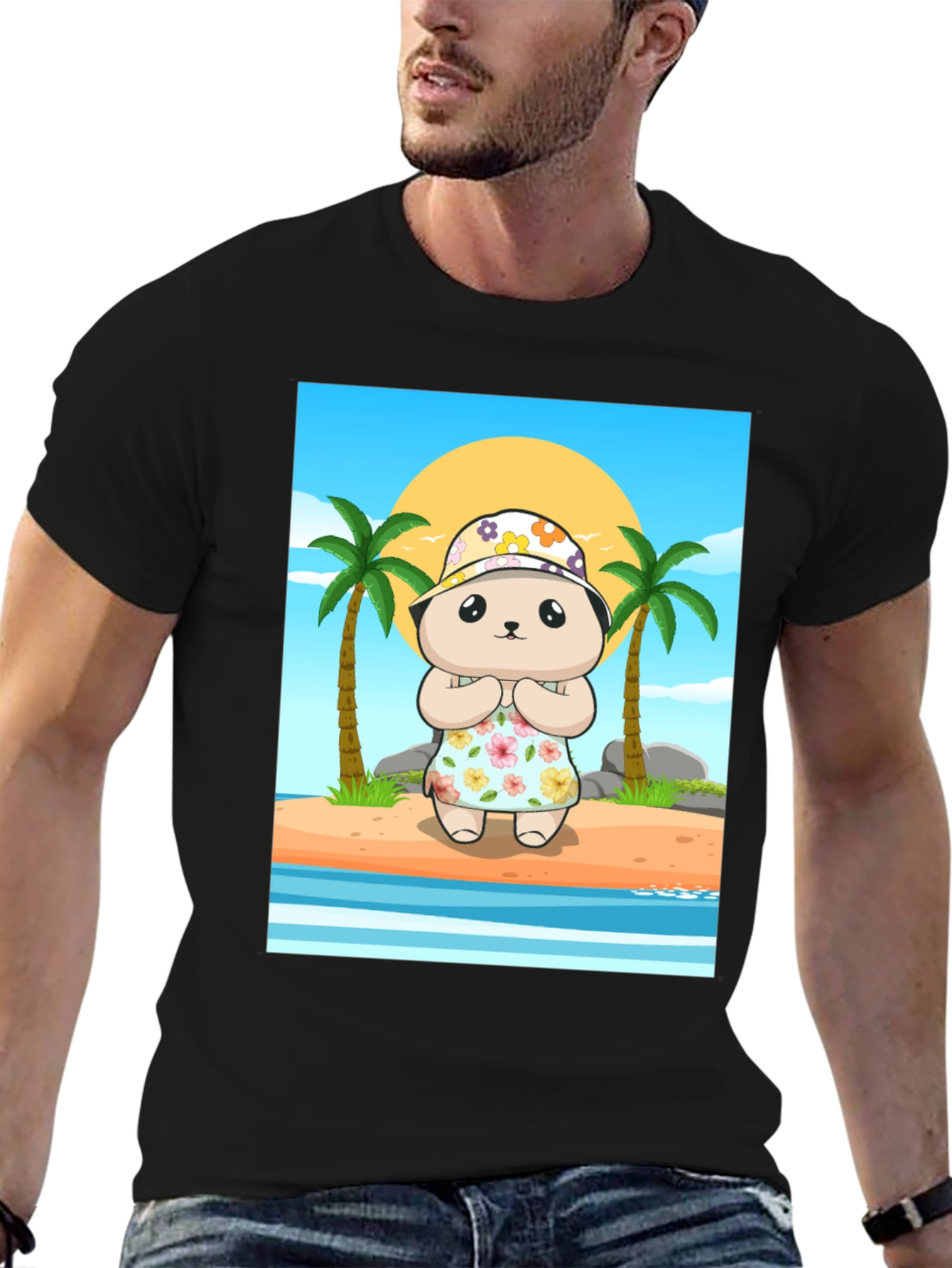 Cartoon Bear Graphic Tee - Summer Beach Vibes